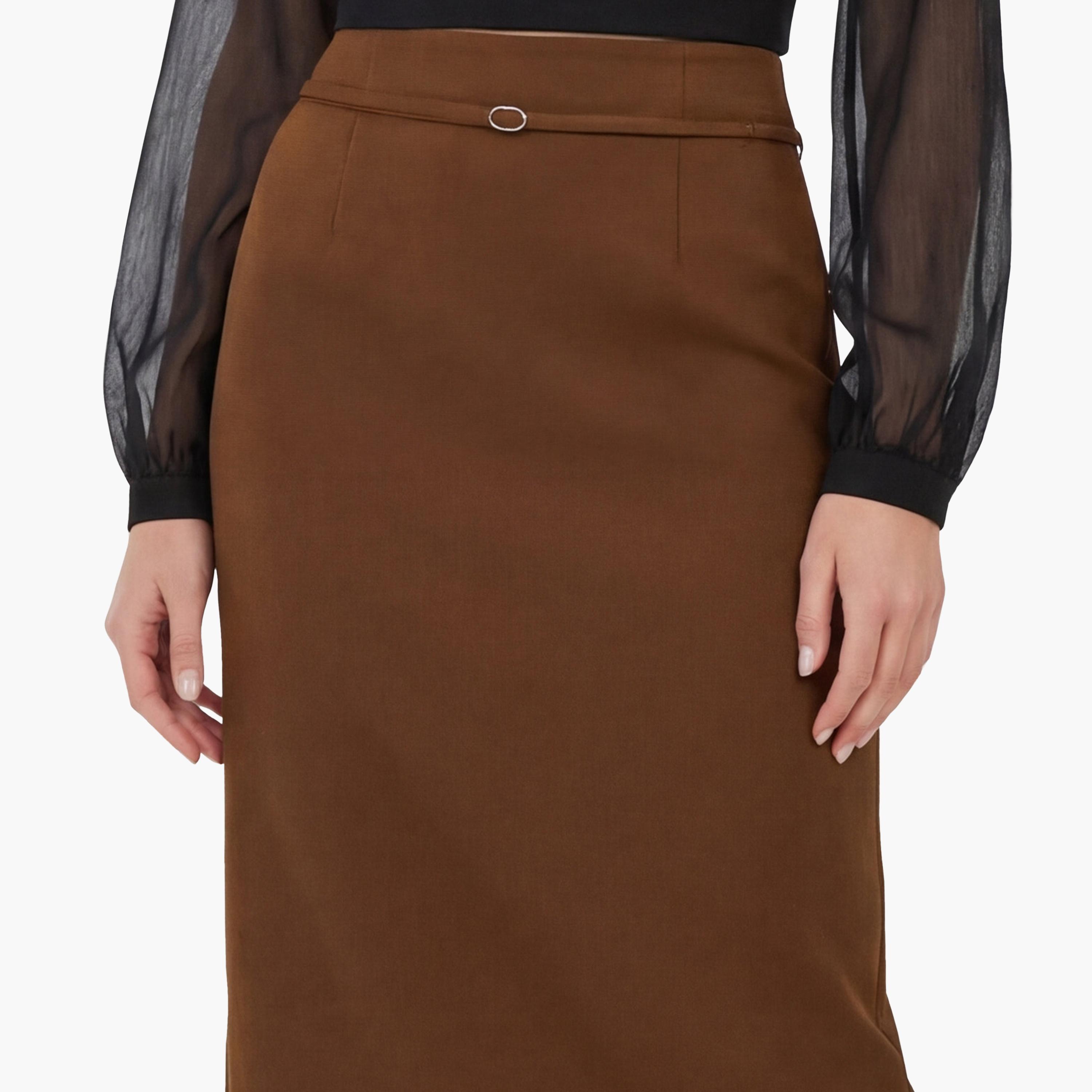 تنورة ميدي نسائية قصة قلم الرصاص (بنسل) بلون بني من كوتون-women-clothing-bottoms-skirts-image-5