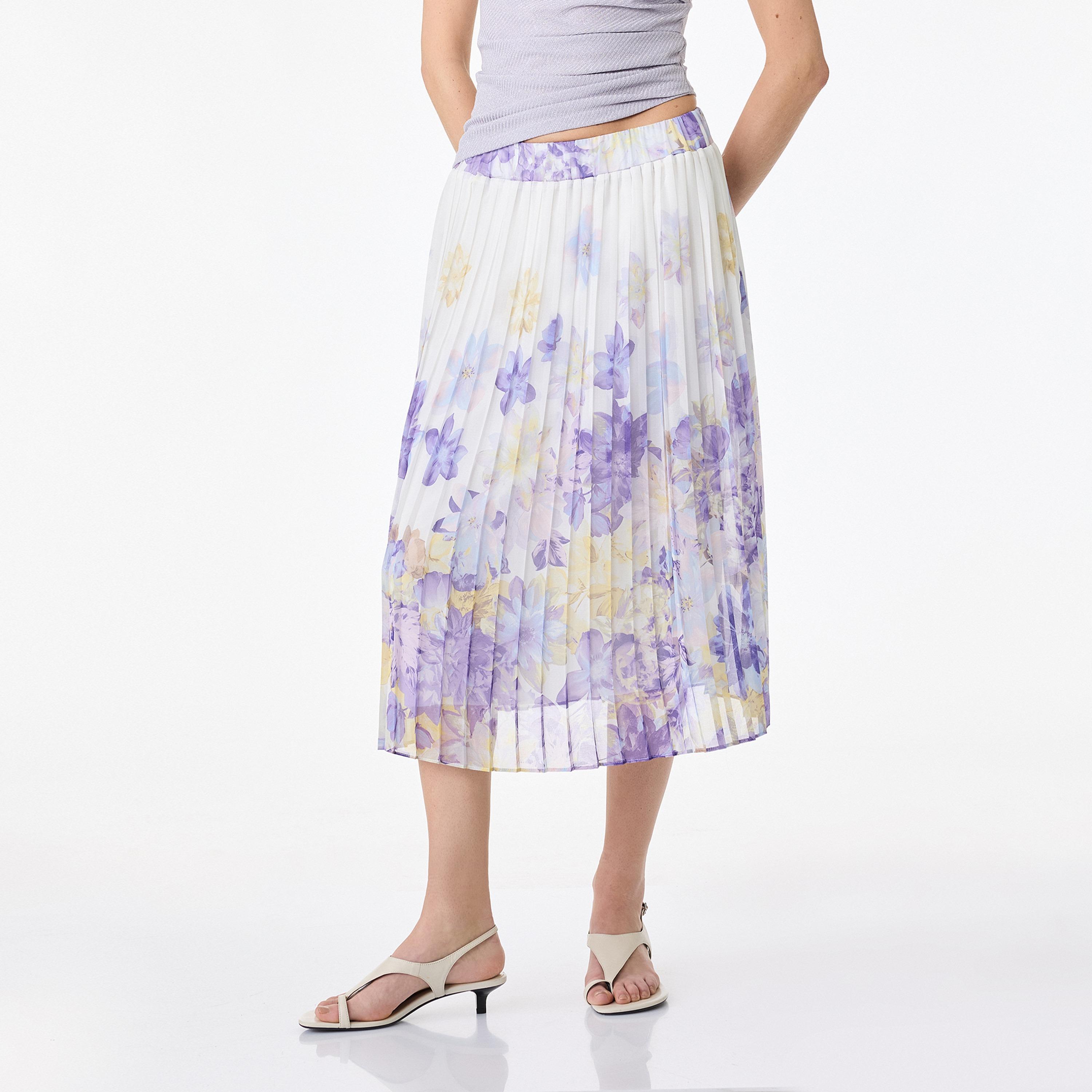 تنورة ميدي نسائية مكسرة (بليسيه) قصة "ايه-لاين" بطبعة زهور بيضاء من كوتون-women-clothing-bottoms-skirts-image-1