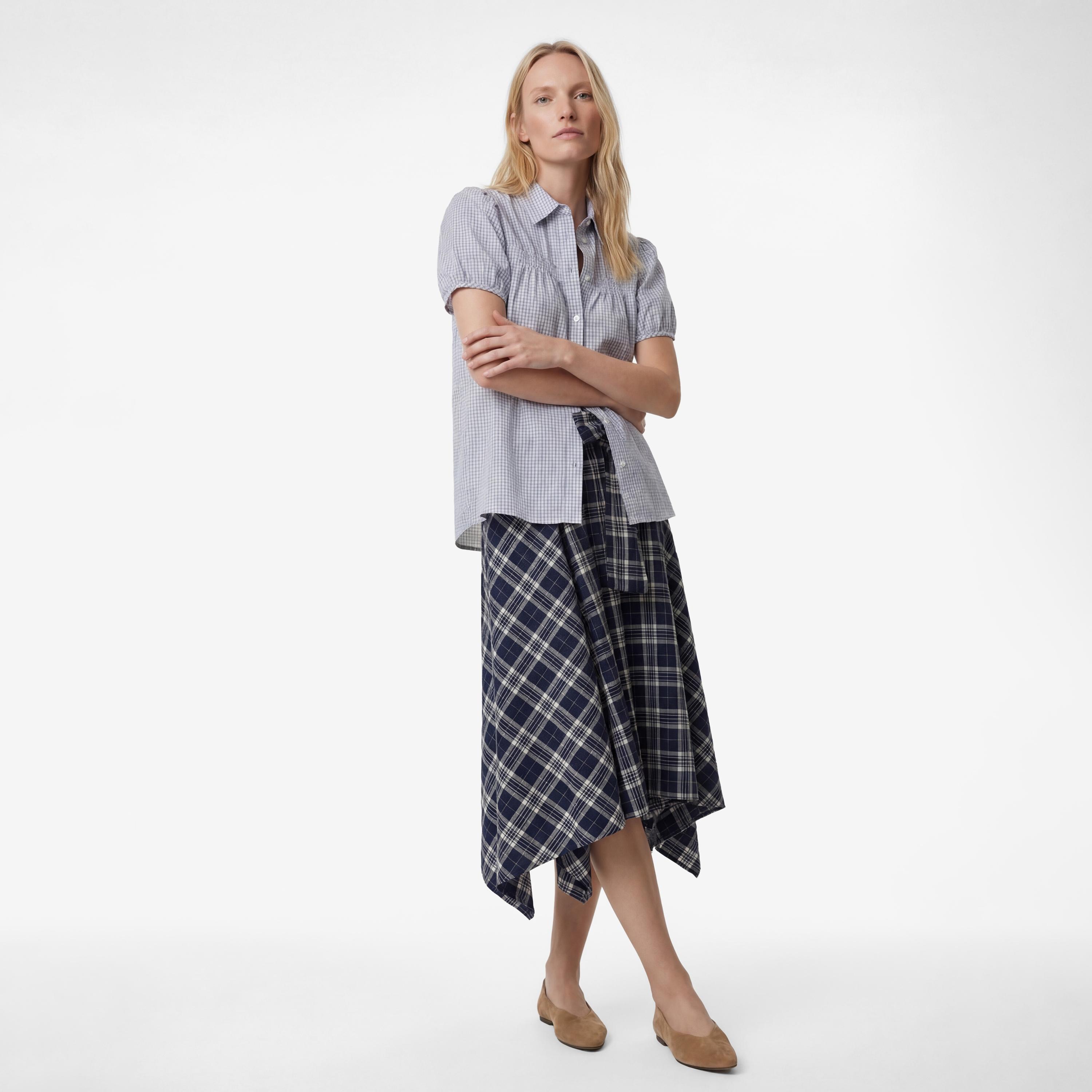 تنورة ميدي نسائية بتصميم غير متماثل ومربعات بلون كحلي من كوتون-women-clothing-bottoms-skirts-image-2