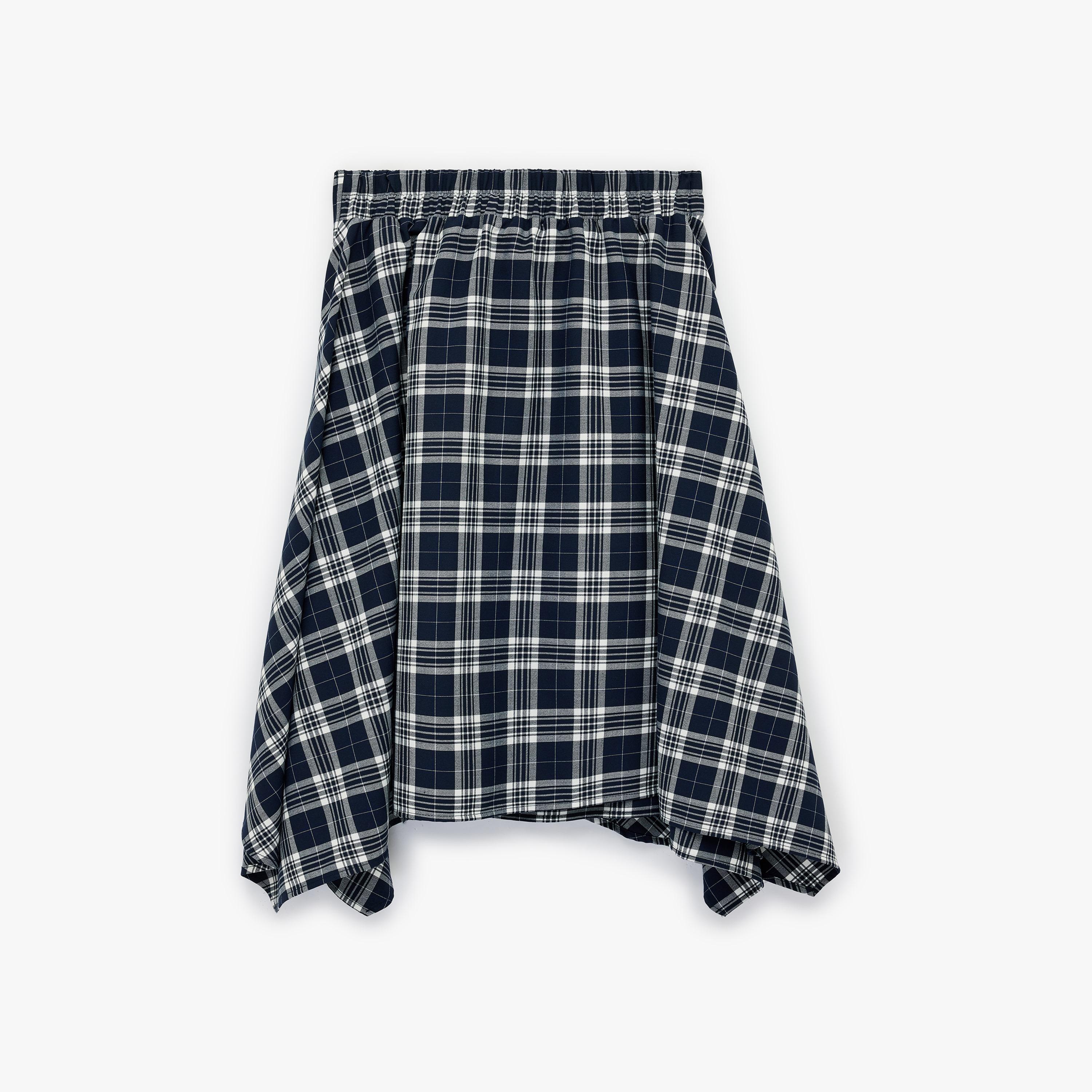 تنورة ميدي نسائية بتصميم غير متماثل ومربعات بلون كحلي من كوتون-women-clothing-bottoms-skirts-image-5