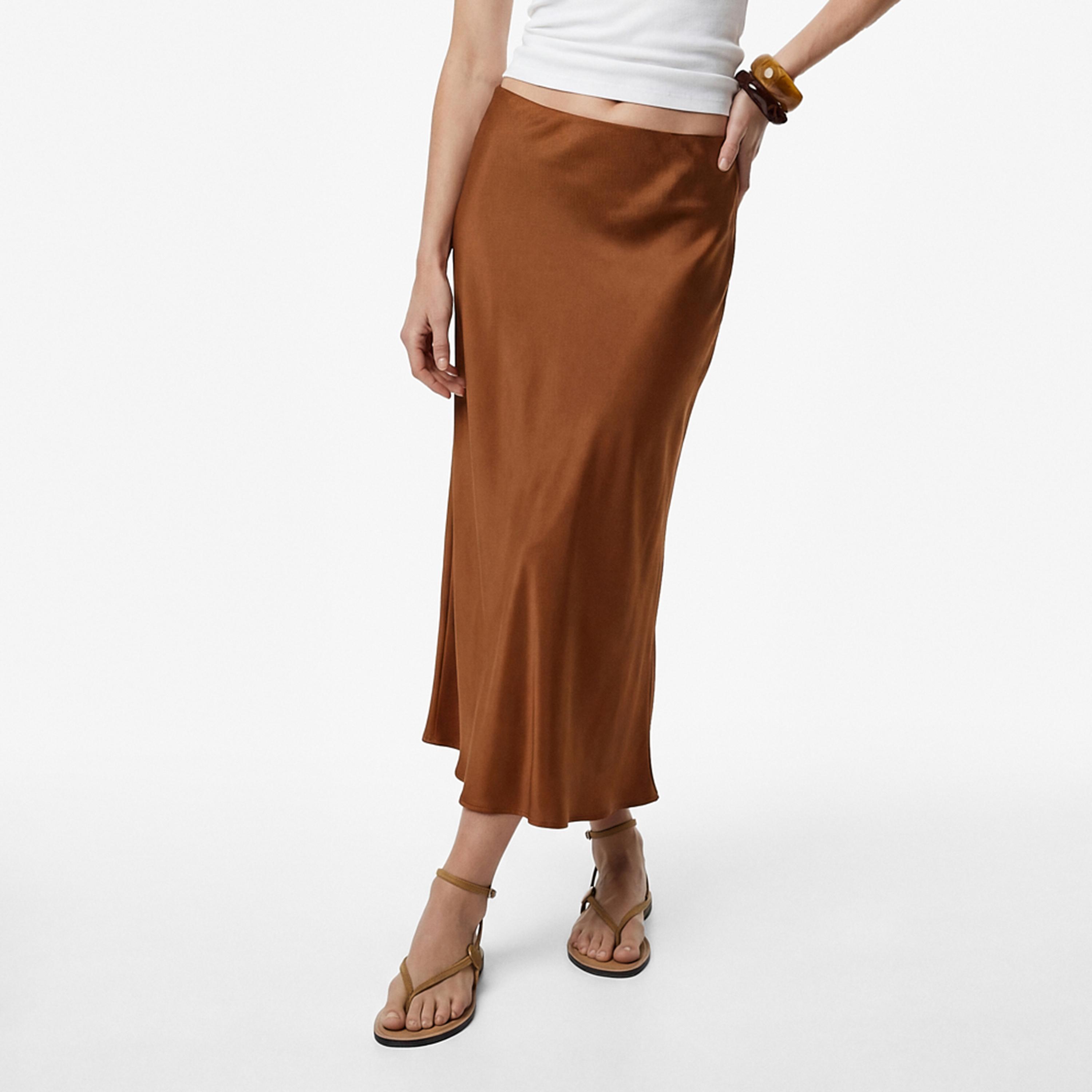 تنورة ميدي نسائية قصة "ايه-لاين" بلون بني من كوتون-women-clothing-bottoms-skirts-image-1