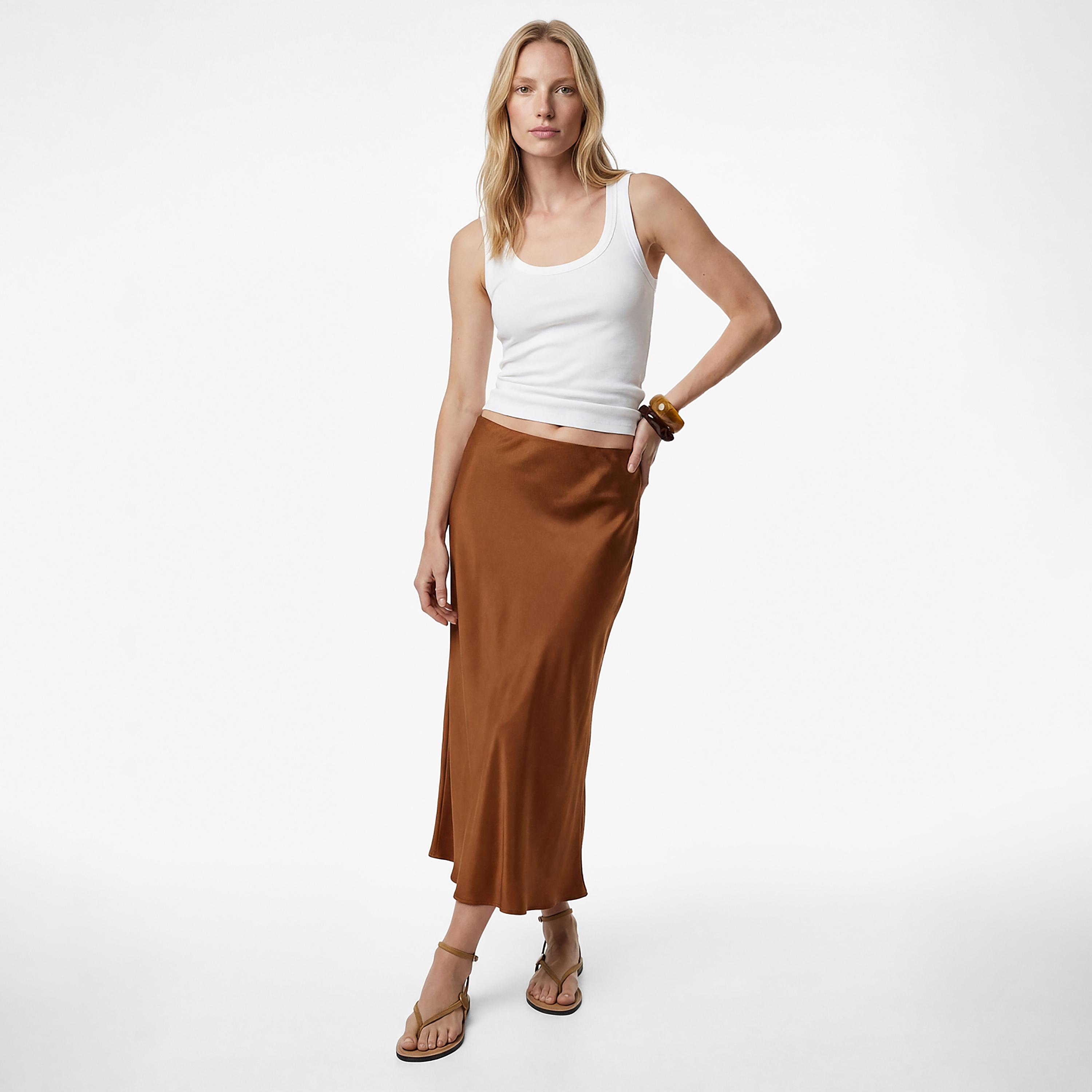 تنورة ميدي نسائية قصة "ايه-لاين" بلون بني من كوتون-women-clothing-bottoms-skirts-image-2