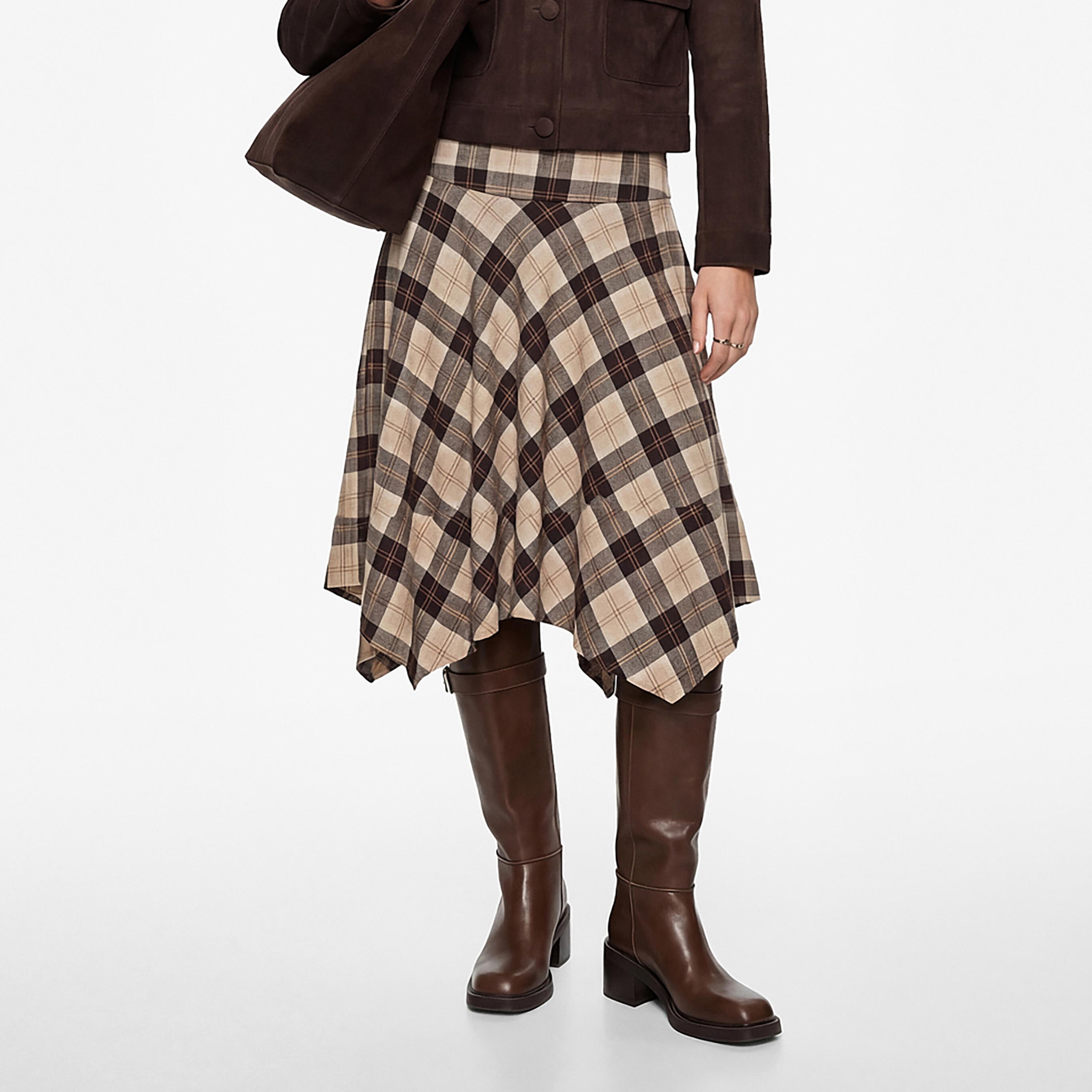 KOTON Brown Checked Asymmetric Women's Midi Skirt-women-clothing-bottoms-skirts-image-1