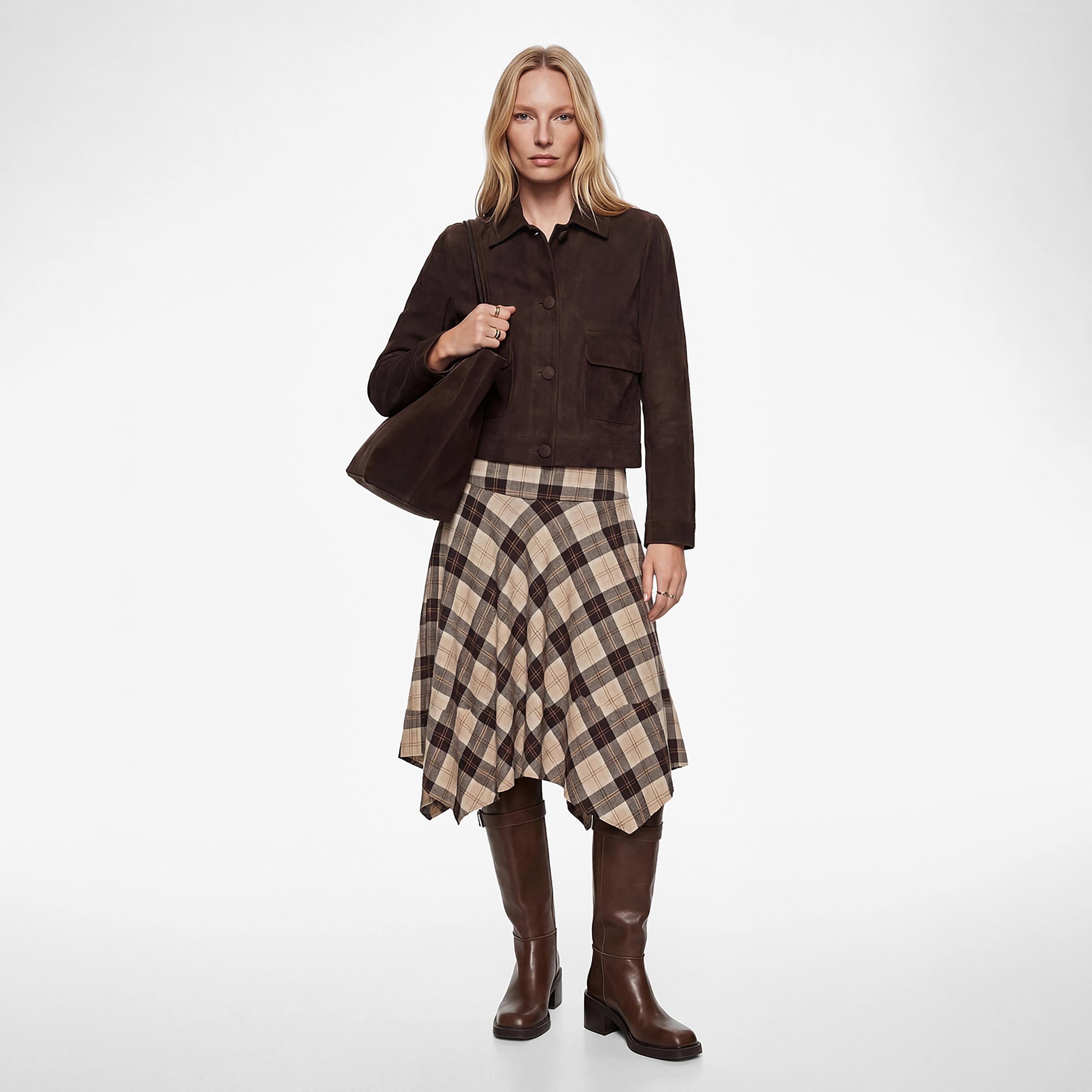 KOTON Brown Checked Asymmetric Women's Midi Skirt-women-clothing-bottoms-skirts-image-2