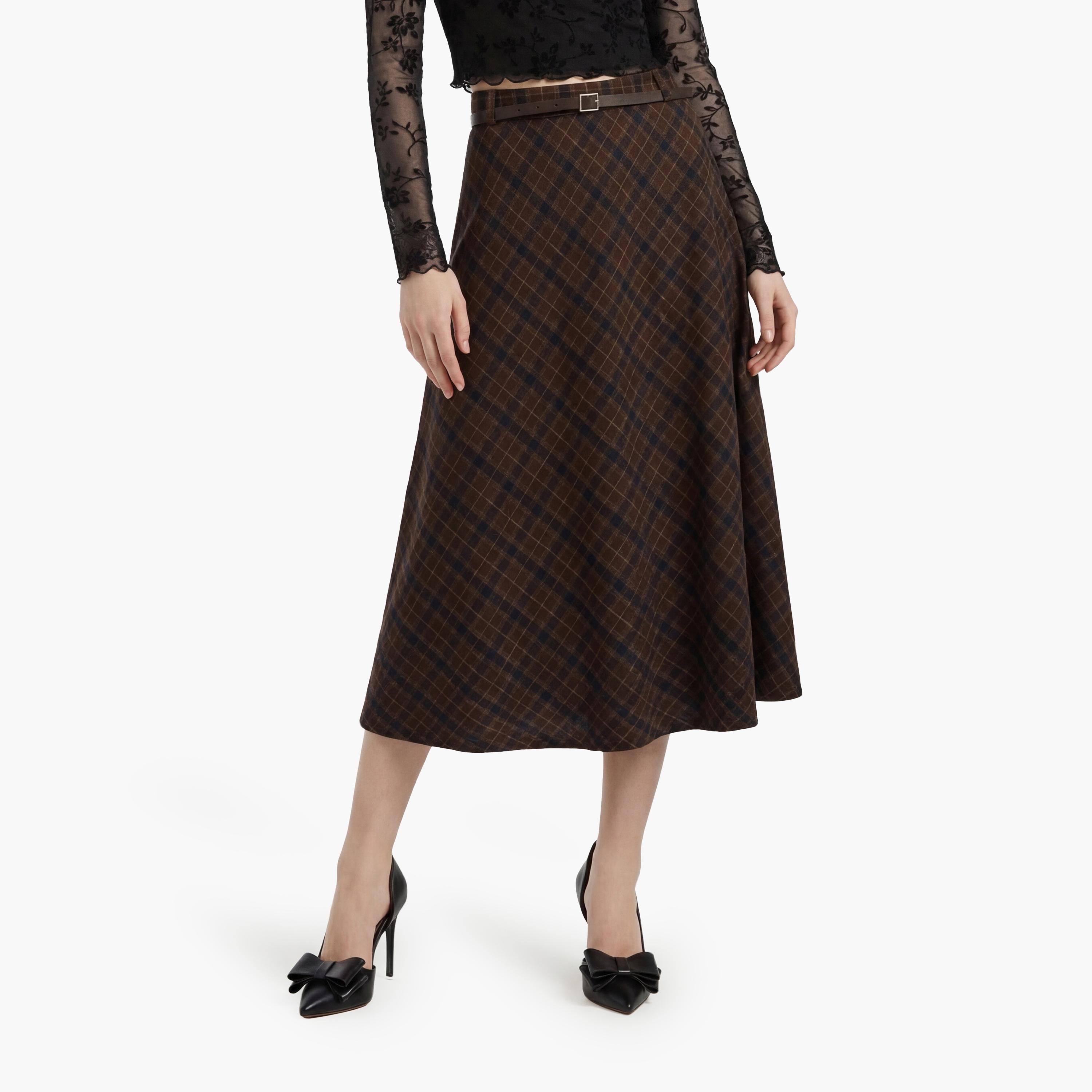 KOTON Brown Checked A-Line Women's Maxi Skirt-women-clothing-bottoms-skirts-image-1