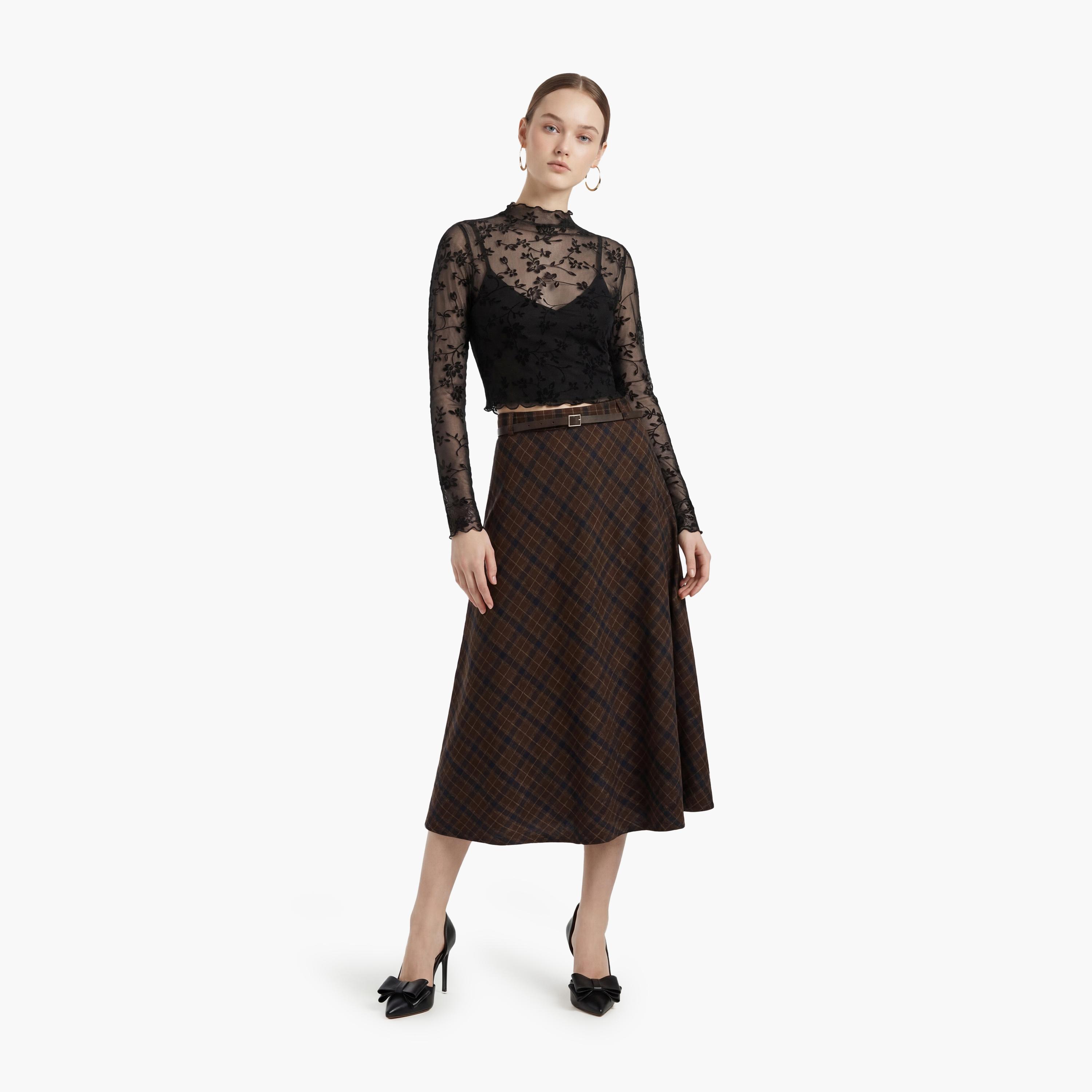 KOTON Brown Checked A-Line Women's Maxi Skirt-women-clothing-bottoms-skirts-image-2