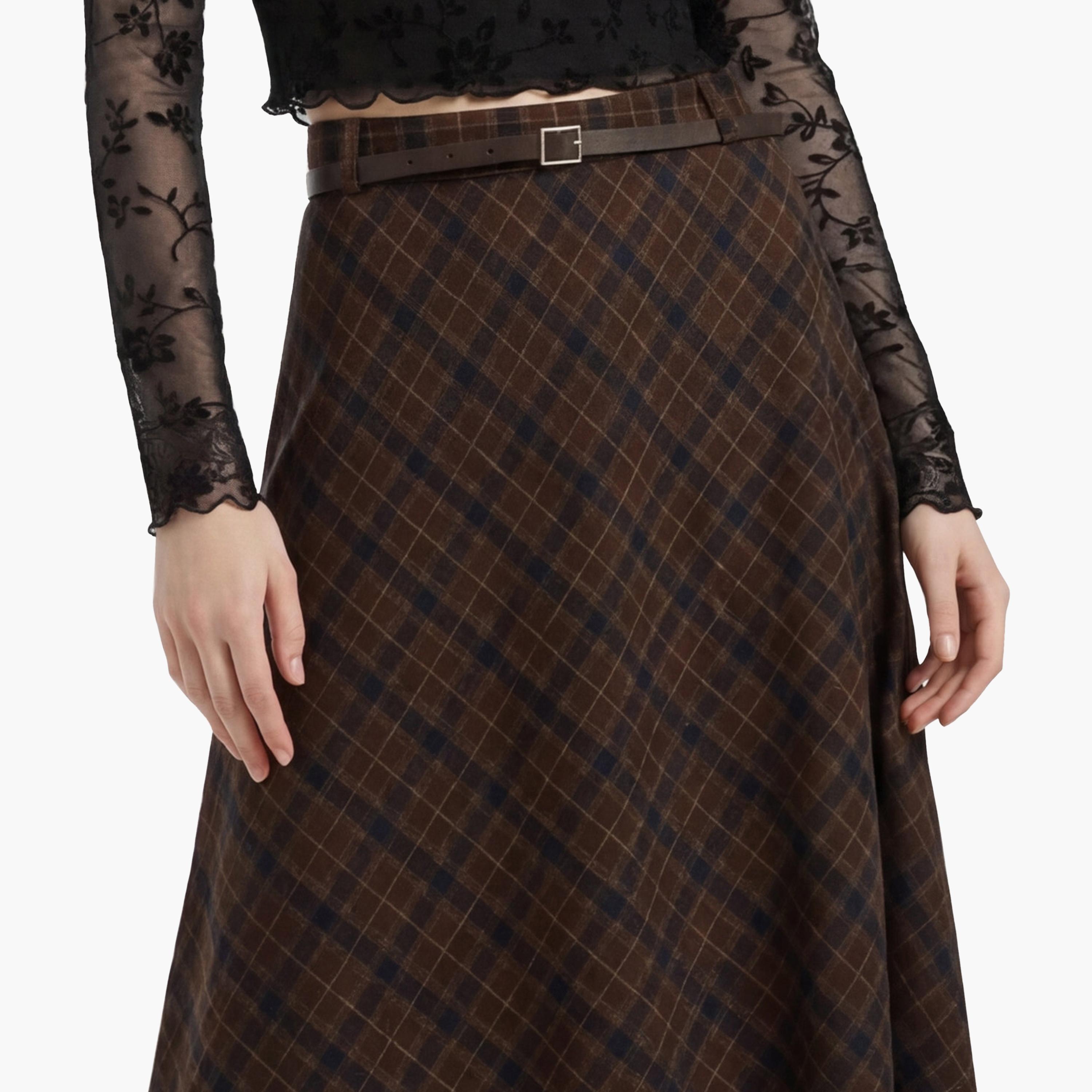 KOTON Brown Checked A-Line Women's Maxi Skirt-women-clothing-bottoms-skirts-image-5