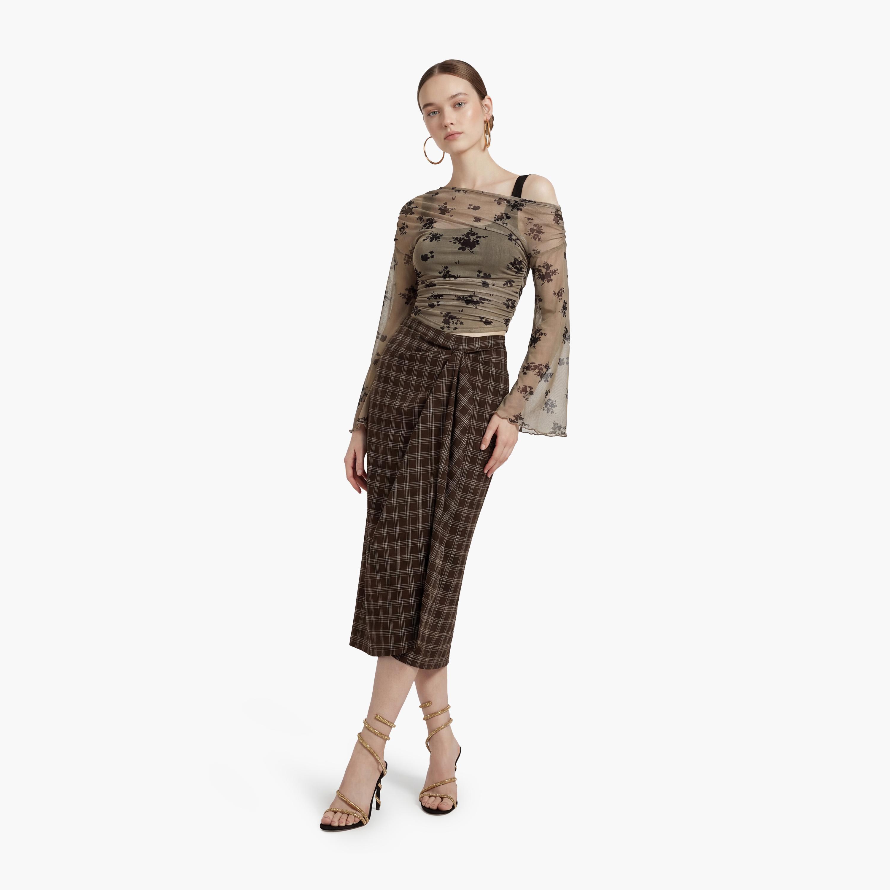 تنورة ميدي نسائية قصة قلم الرصاص (بنسل) بمربعات بنية من كوتون-women-clothing-bottoms-skirts-image-2
