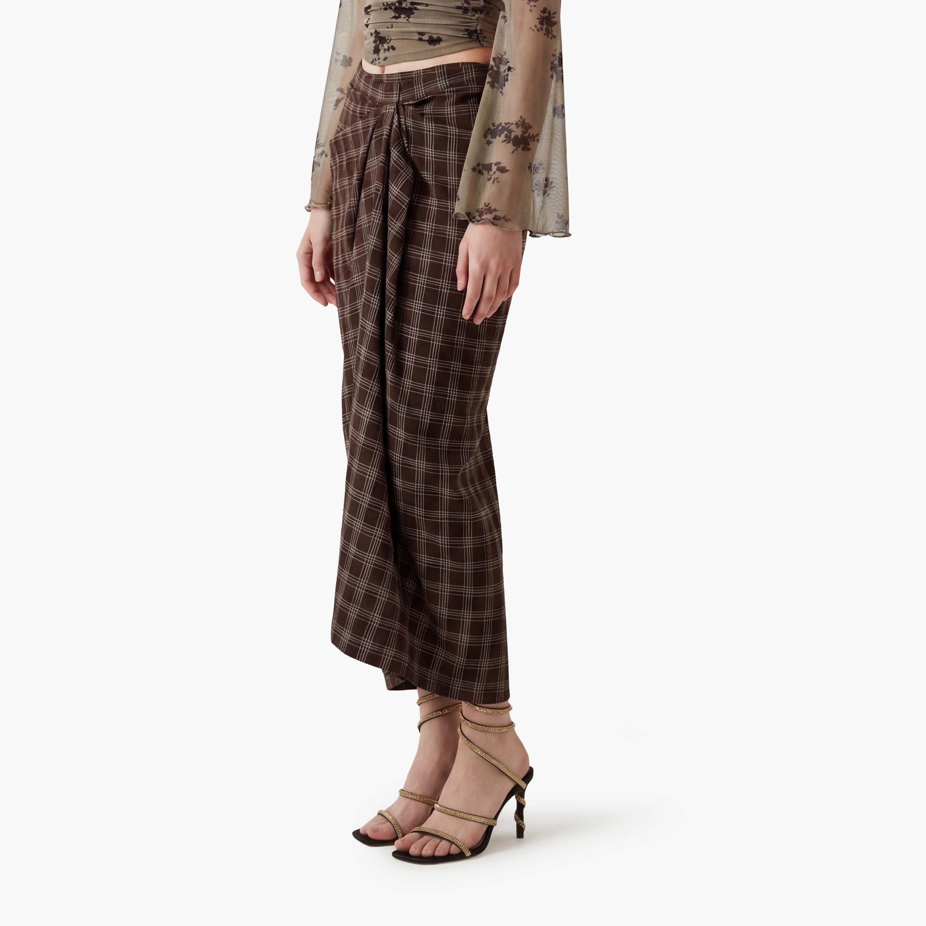 تنورة ميدي نسائية قصة قلم الرصاص (بنسل) بمربعات بنية من كوتون-women-clothing-bottoms-skirts-image-3
