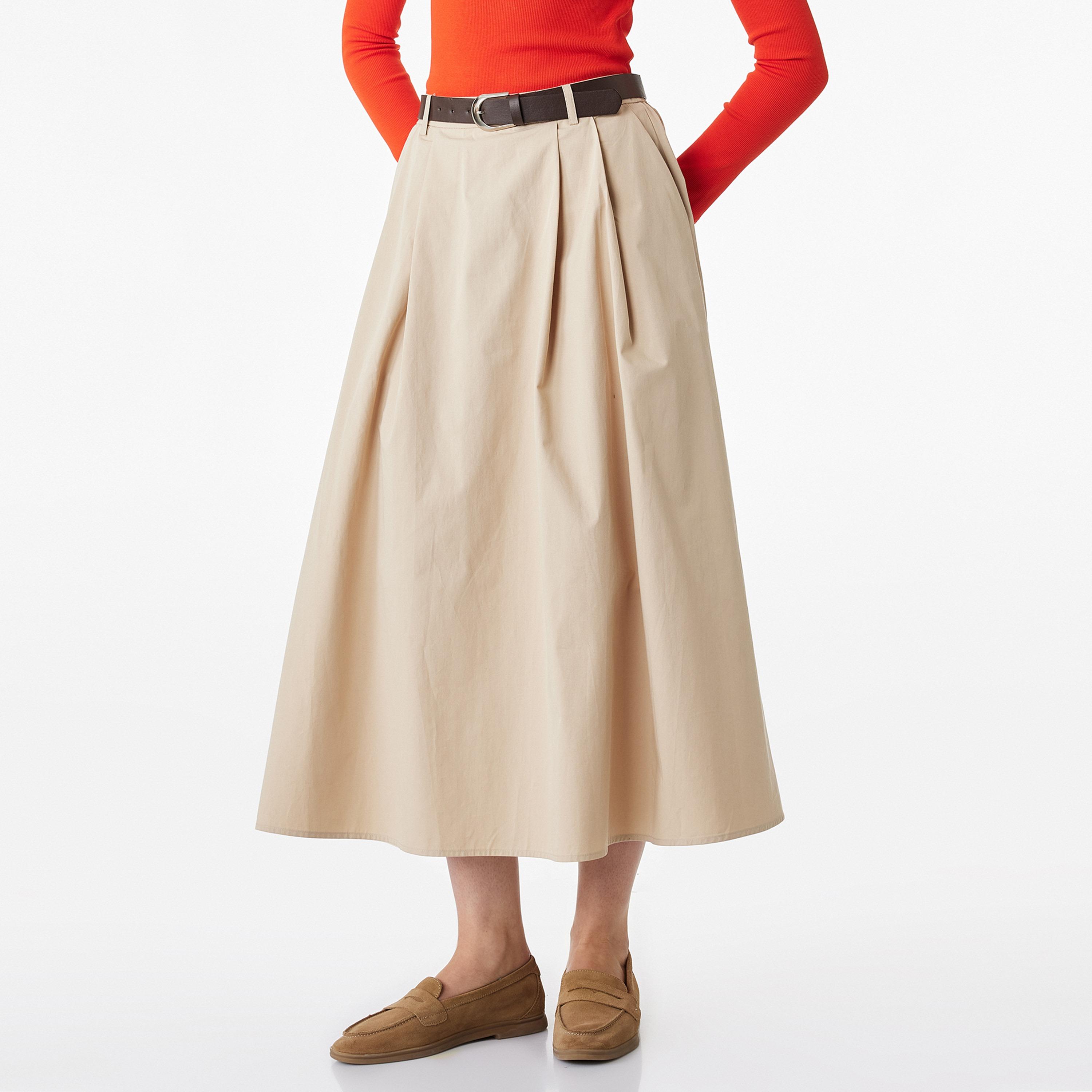 تنورة ميدي نسائية قصة "ايه-لاين" بلون بيج من كوتون-women-clothing-bottoms-skirts-image-1