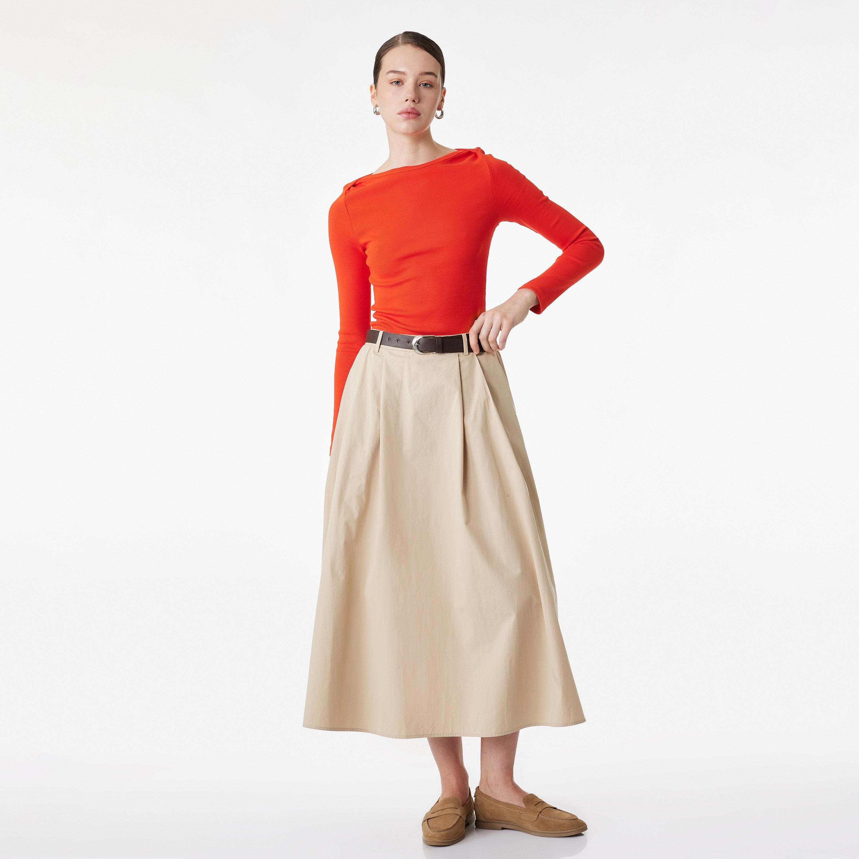 تنورة ميدي نسائية قصة "ايه-لاين" بلون بيج من كوتون-women-clothing-bottoms-skirts-image-2