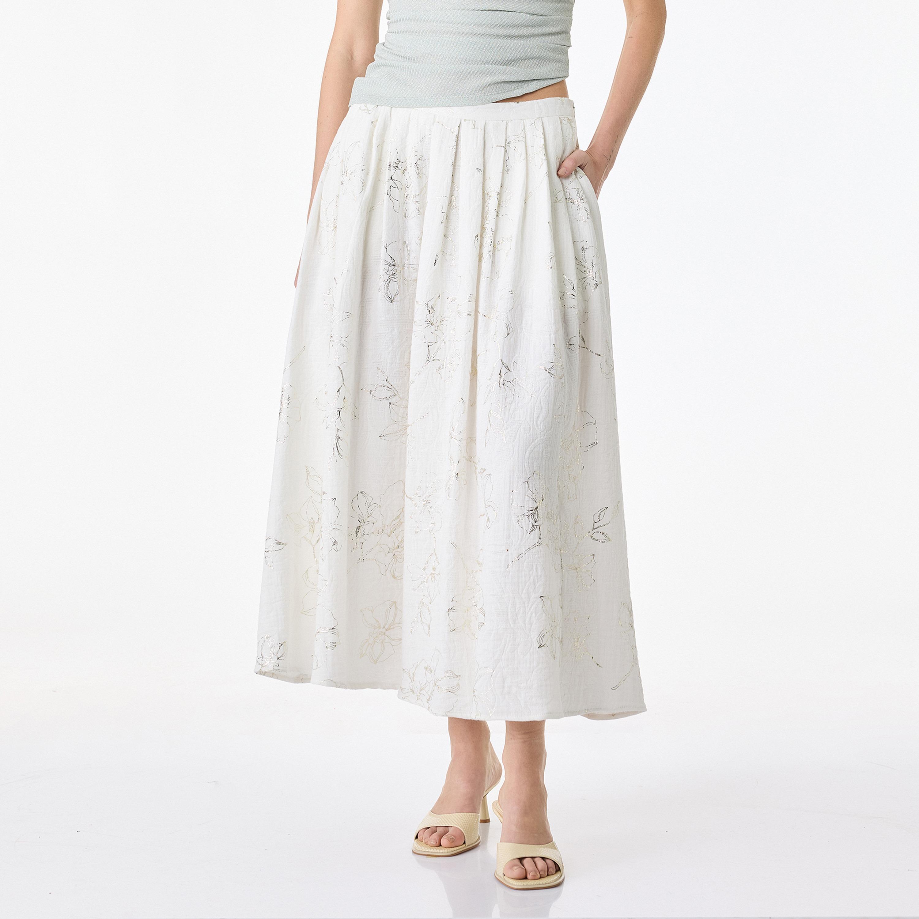 تنورة ميدي نسائية قطنية قصة "ايه-لاين" بطبعة زهور بيضاء من كوتون-women-clothing-bottoms-skirts-image-1