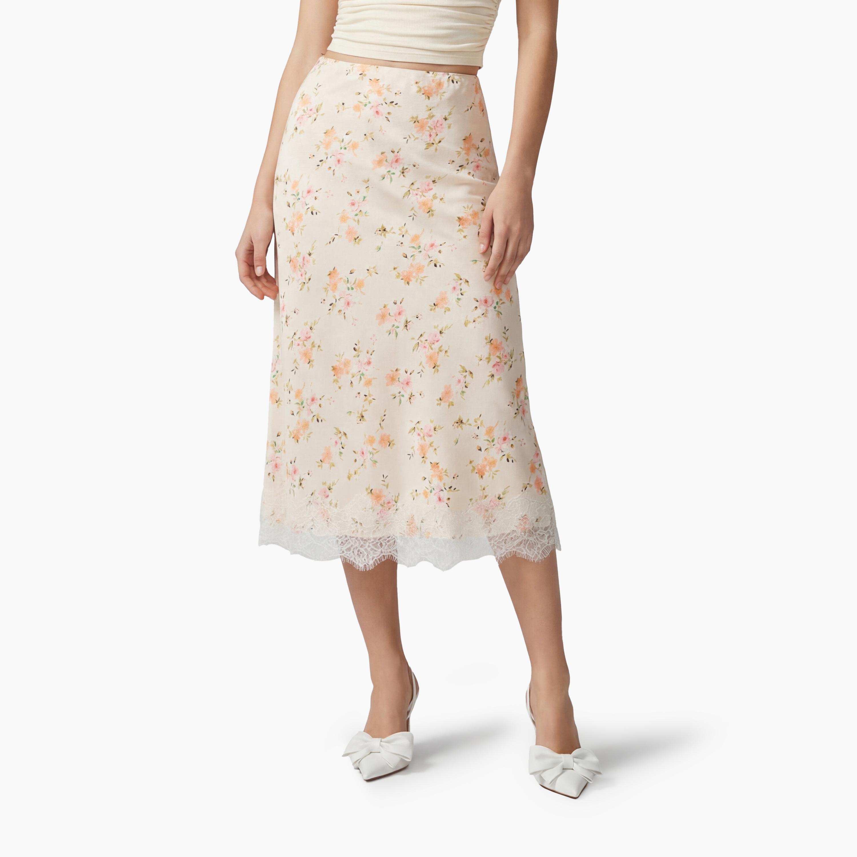 تنورة ميدي نسائية قصة "ايه-لاين" بطبعة زهور بيضاء من كوتون-women-clothing-bottoms-skirts-image-1