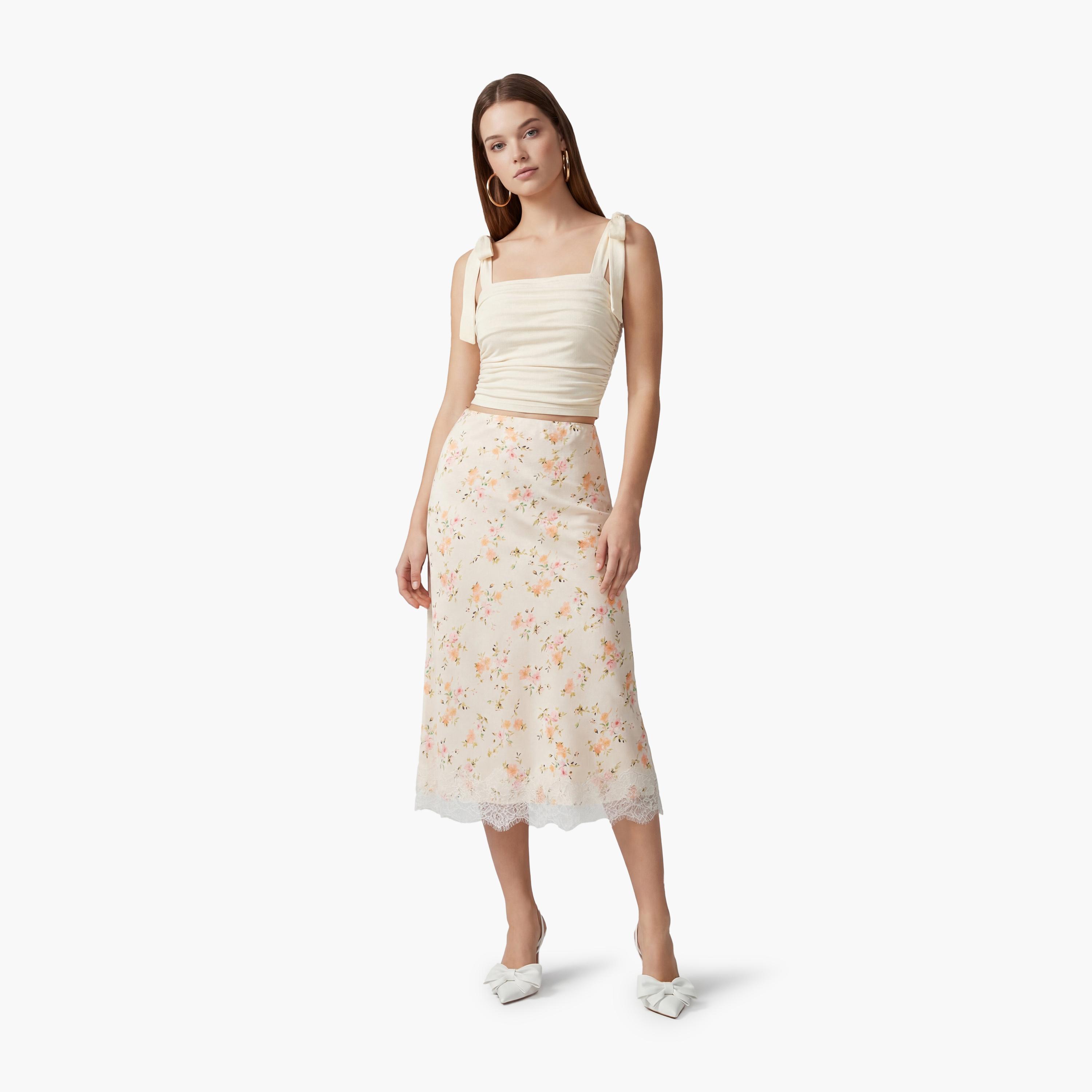 تنورة ميدي نسائية قصة "ايه-لاين" بطبعة زهور بيضاء من كوتون-women-clothing-bottoms-skirts-image-2