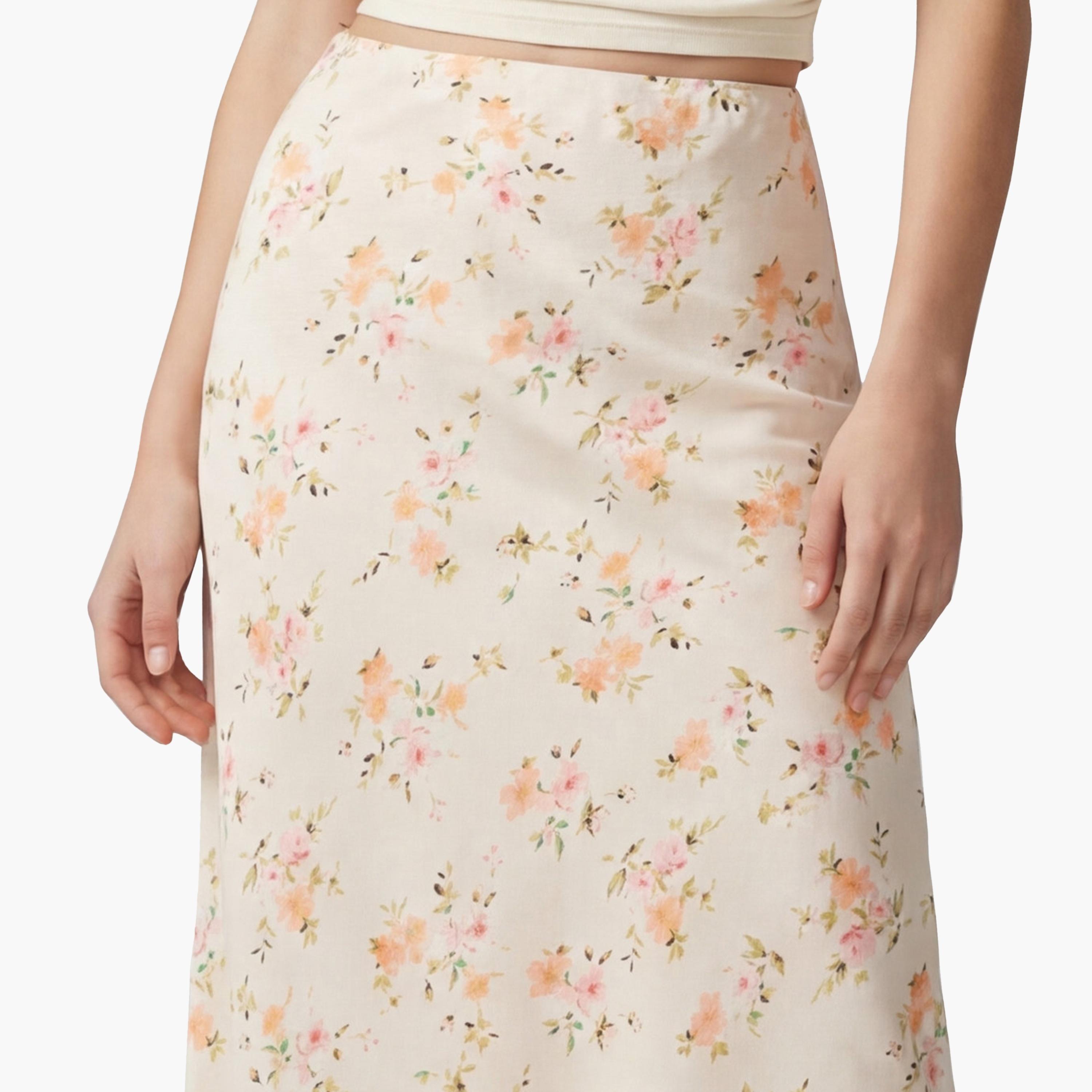 تنورة ميدي نسائية قصة "ايه-لاين" بطبعة زهور بيضاء من كوتون-women-clothing-bottoms-skirts-image-5