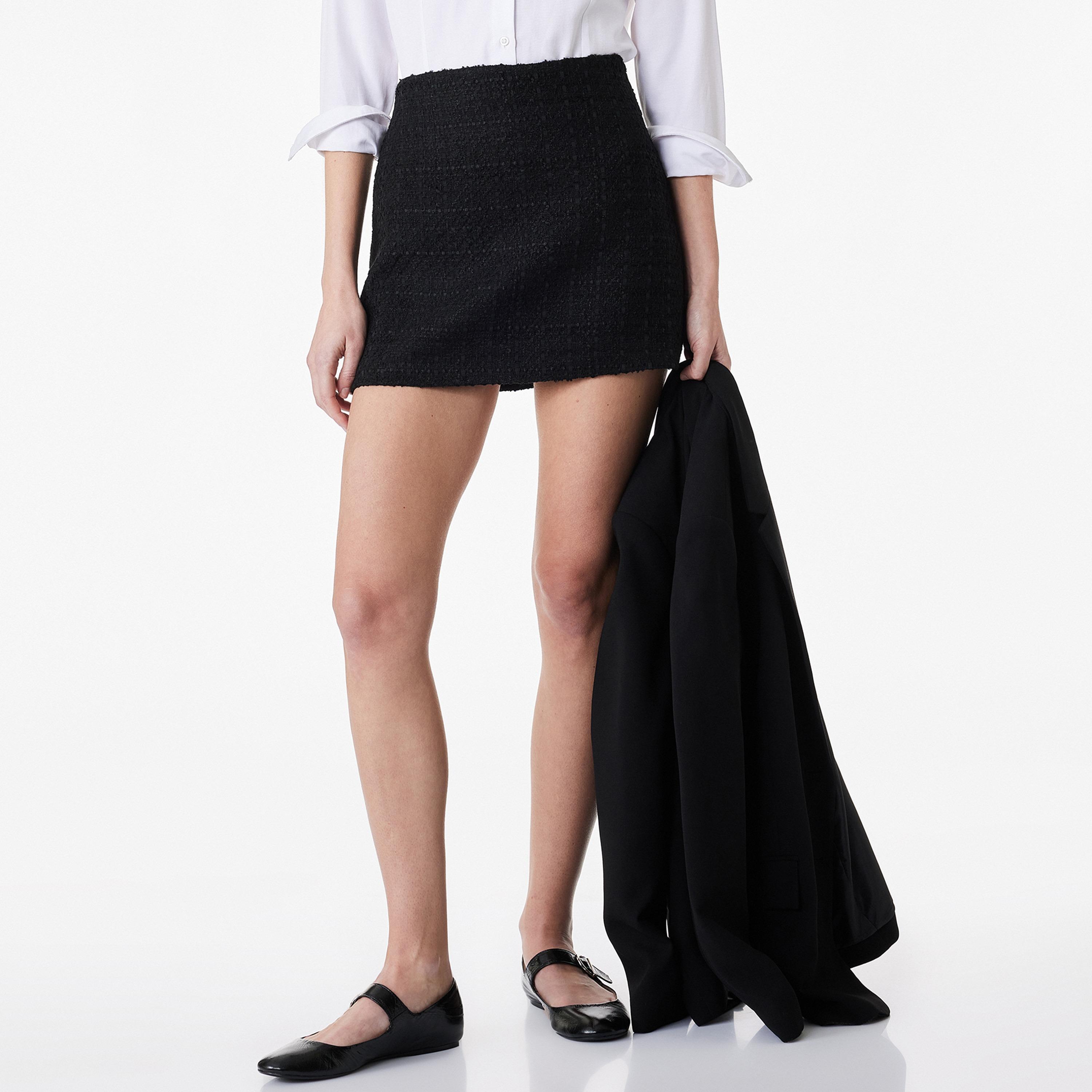 تنورة ميني نسائية قصة قلم الرصاص (بنسل) من قماش التويد الأسود من كوتون-women-clothing-bottoms-skirts-image-1