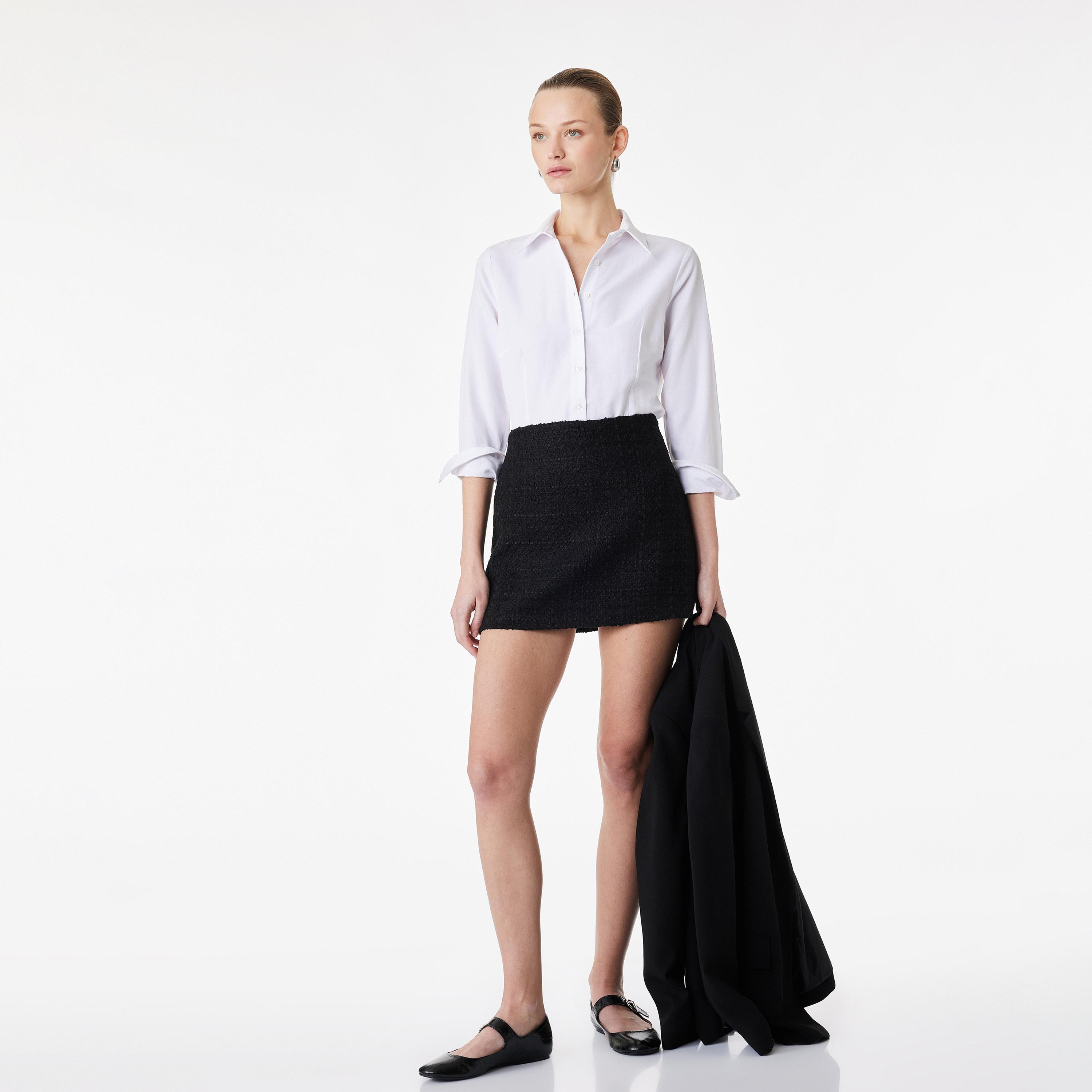 تنورة ميني نسائية قصة قلم الرصاص (بنسل) من قماش التويد الأسود من كوتون-women-clothing-bottoms-skirts-image-2