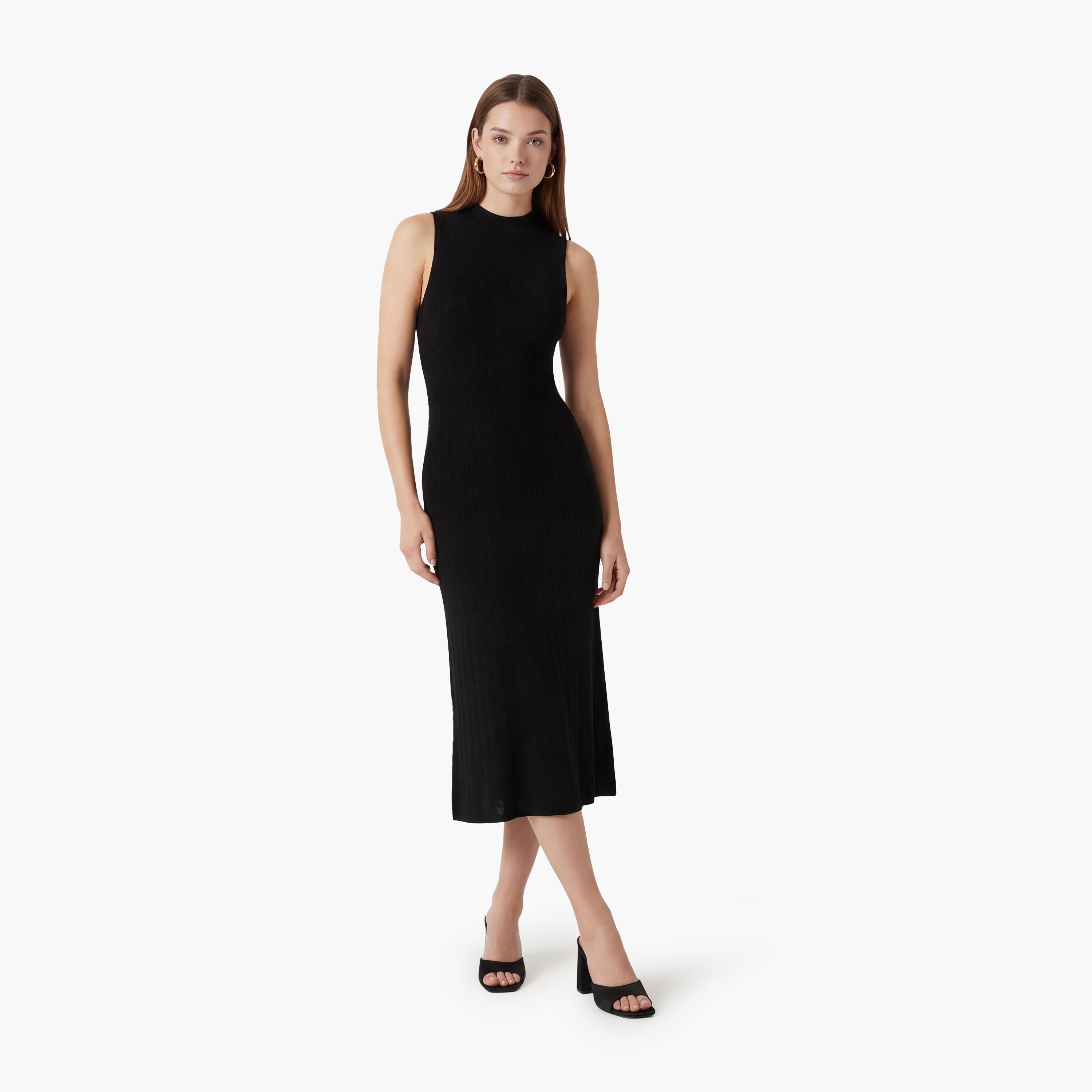 فستان ماكسي نسائي بياقة "موك نيك" عالية بلون أسود من كوتون-women-clothing-dresses-image-1