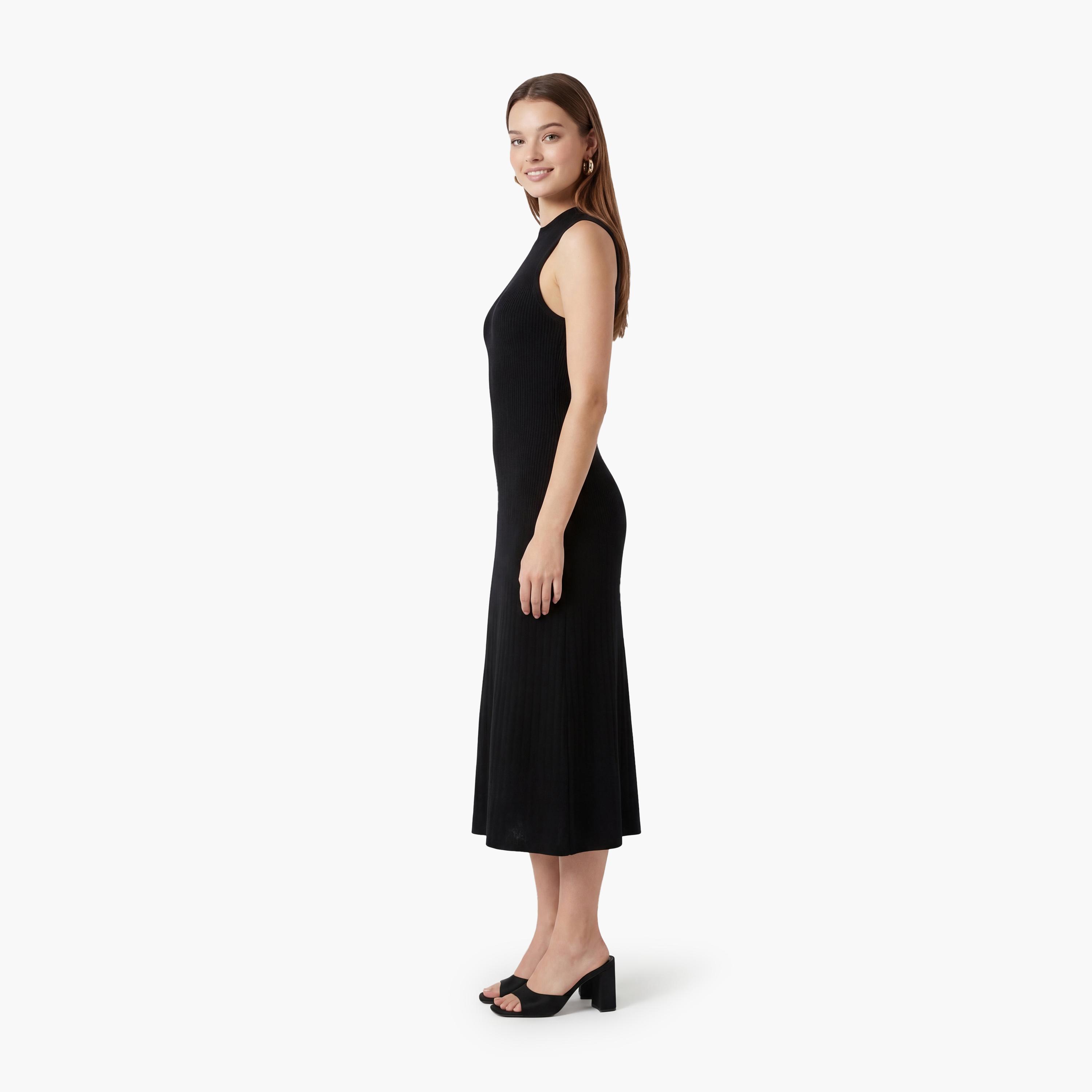 فستان ماكسي نسائي بياقة "موك نيك" عالية بلون أسود من كوتون-women-clothing-dresses-image-2