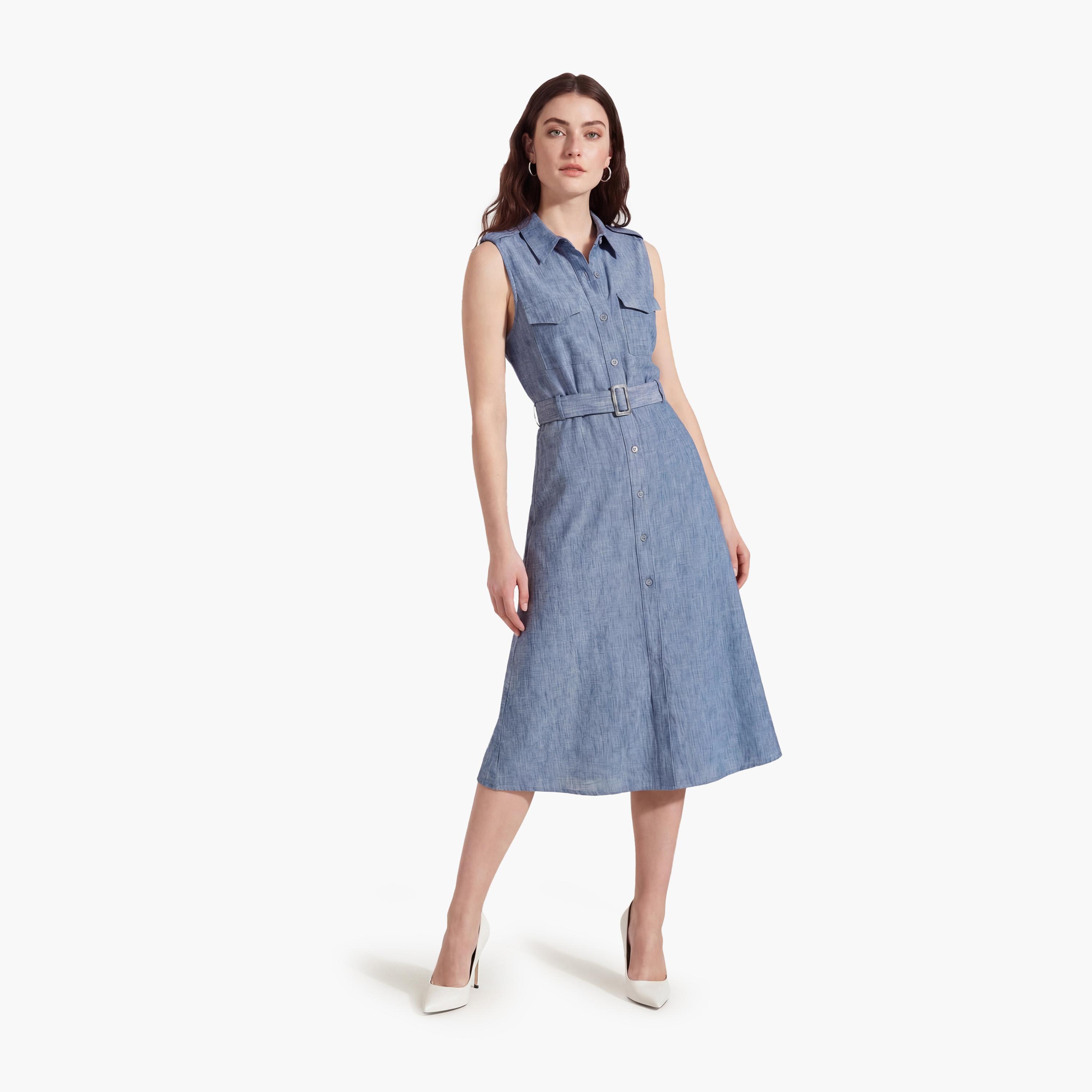 فستان ميدي نسائي بتصميم قميص "شيرت" بياقة بلون أزرق من كوتون-women-clothing-dresses-image-1
