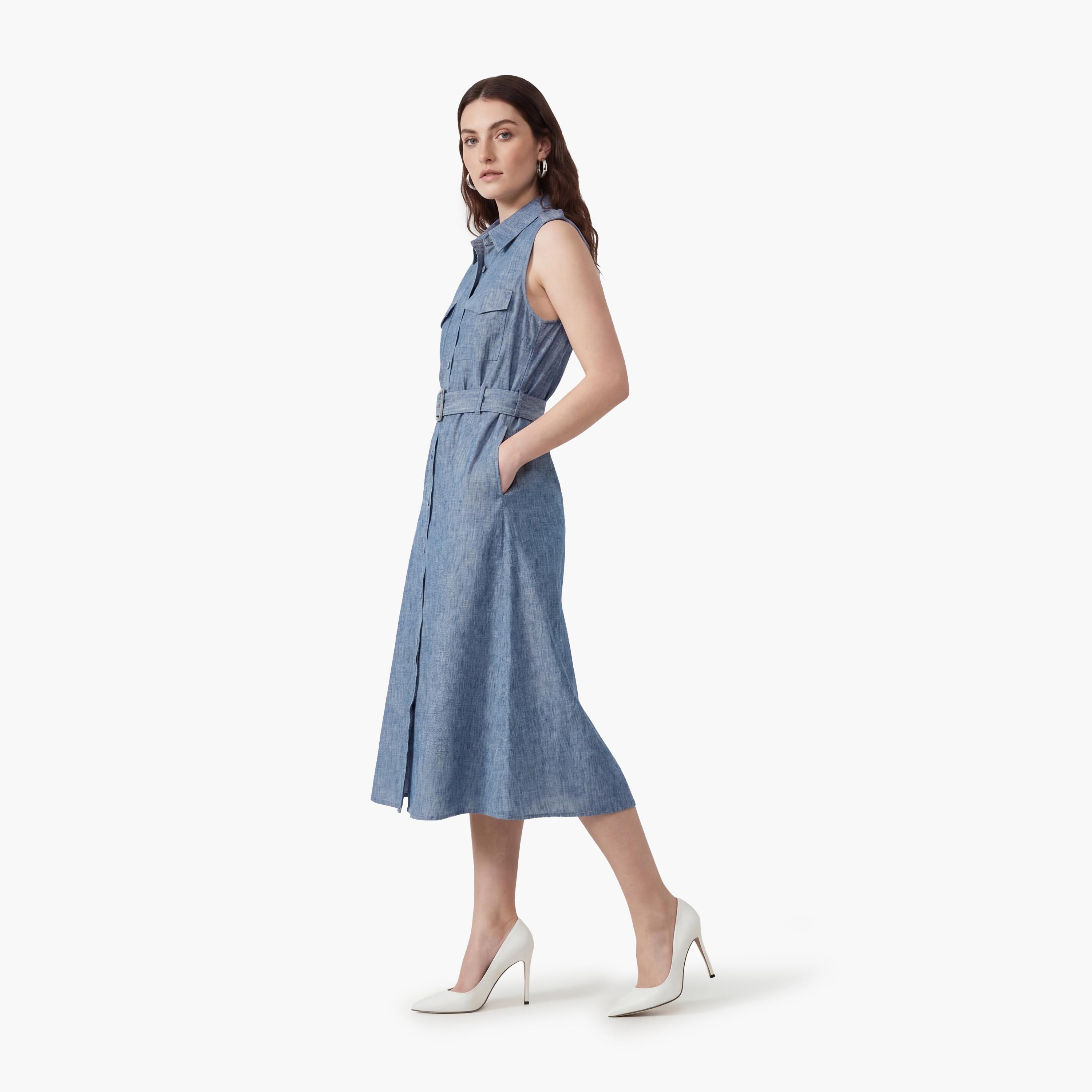 فستان ميدي نسائي بتصميم قميص "شيرت" بياقة بلون أزرق من كوتون-women-clothing-dresses-image-2