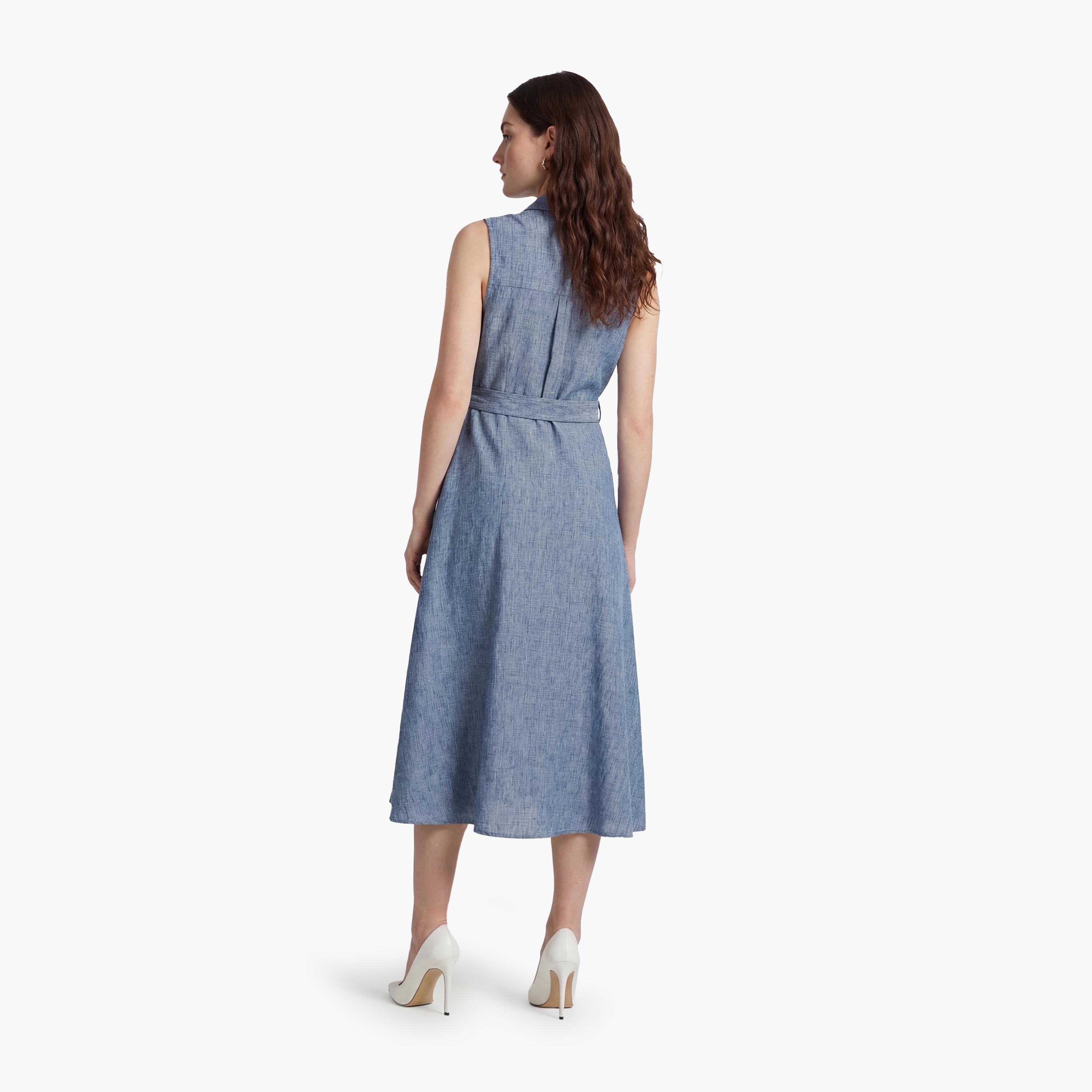 فستان ميدي نسائي بتصميم قميص "شيرت" بياقة بلون أزرق من كوتون-women-clothing-dresses-image-3