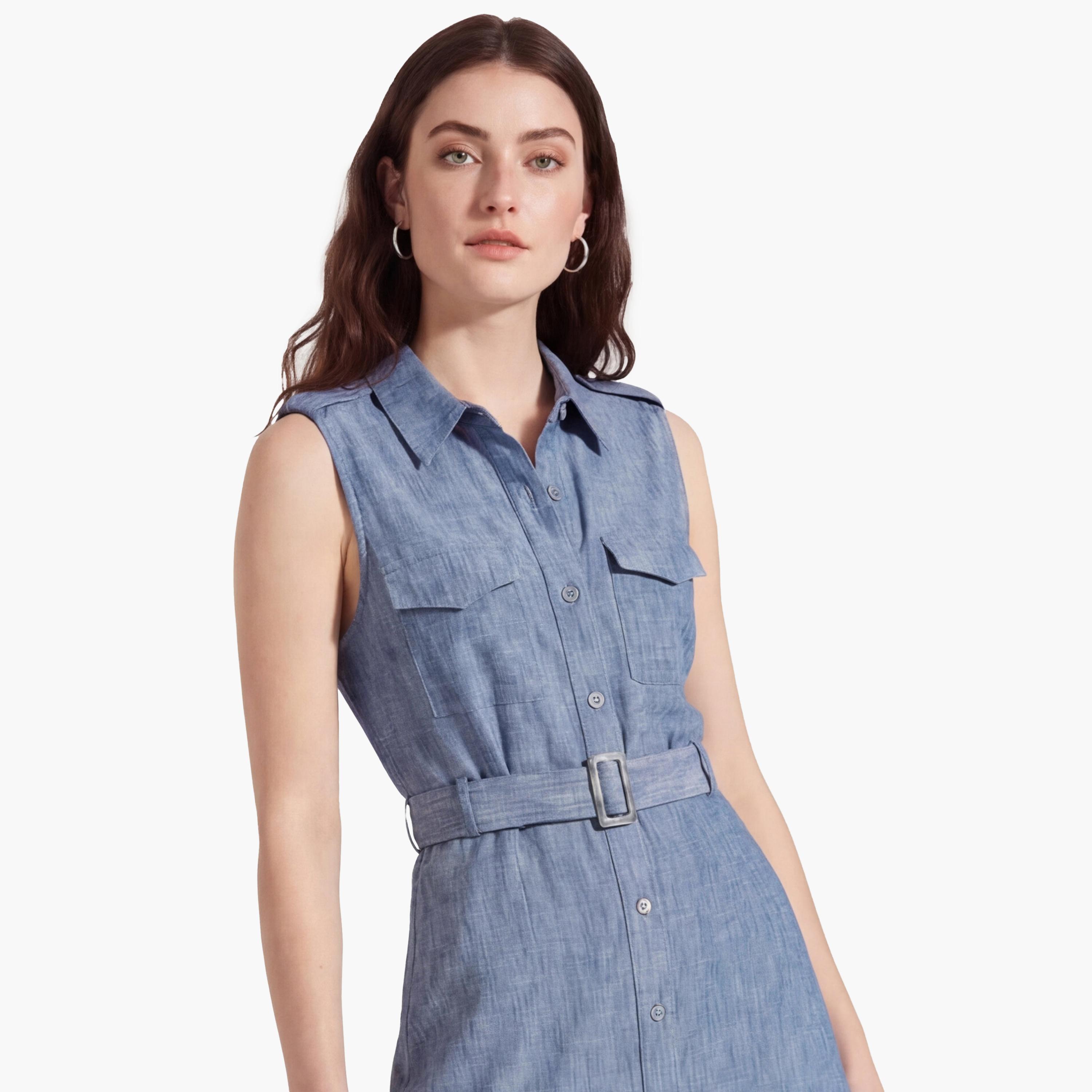 فستان ميدي نسائي بتصميم قميص "شيرت" بياقة بلون أزرق من كوتون-women-clothing-dresses-image-4