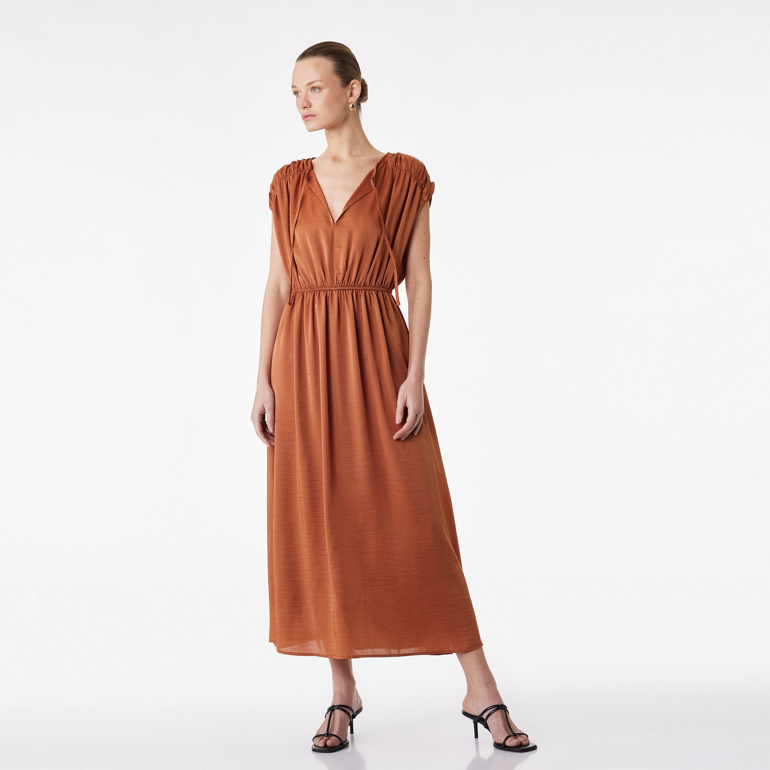 فستان ميدي نسائي برباط عند الرقبة "تاي-أب" بلون بني من كوتون-women-clothing-dresses-image-1