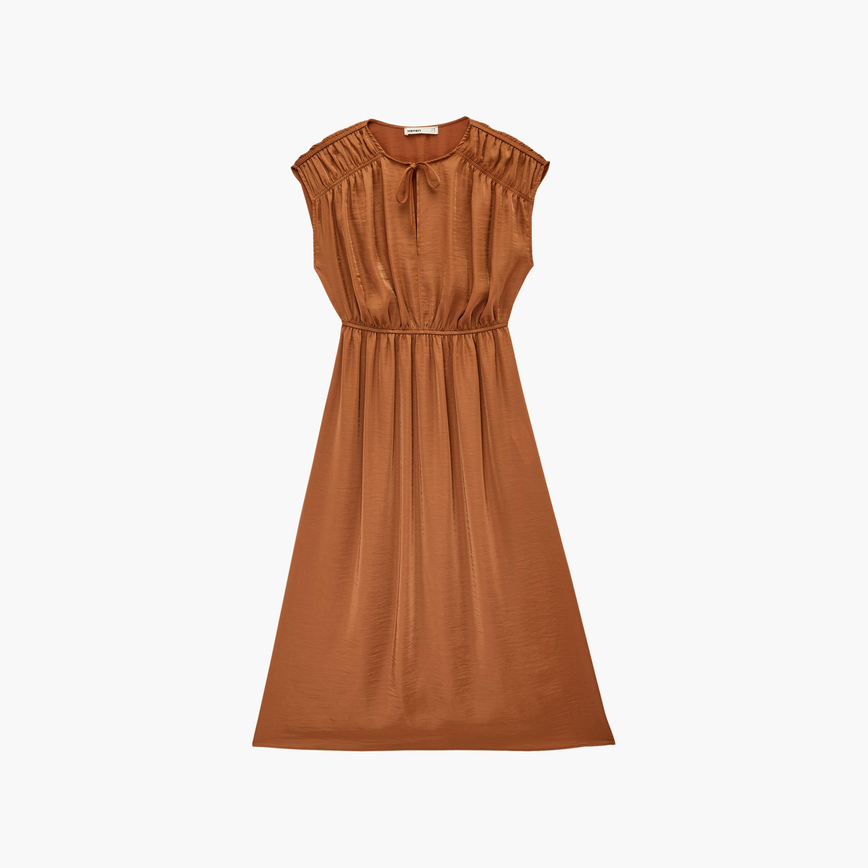 فستان ميدي نسائي برباط عند الرقبة "تاي-أب" بلون بني من كوتون-women-clothing-dresses-image-4