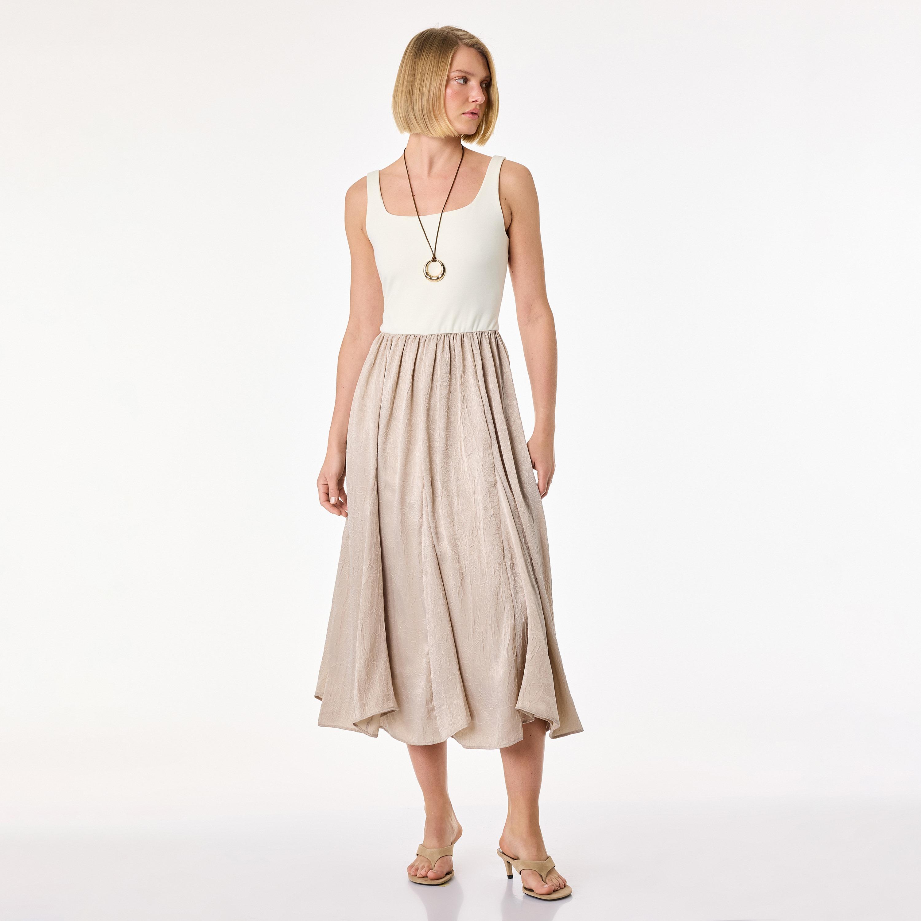 KOTON Beige Colour-Blocked Square Neck Fit & Flared Women's Midi Dress-women-clothing-dresses-image-1