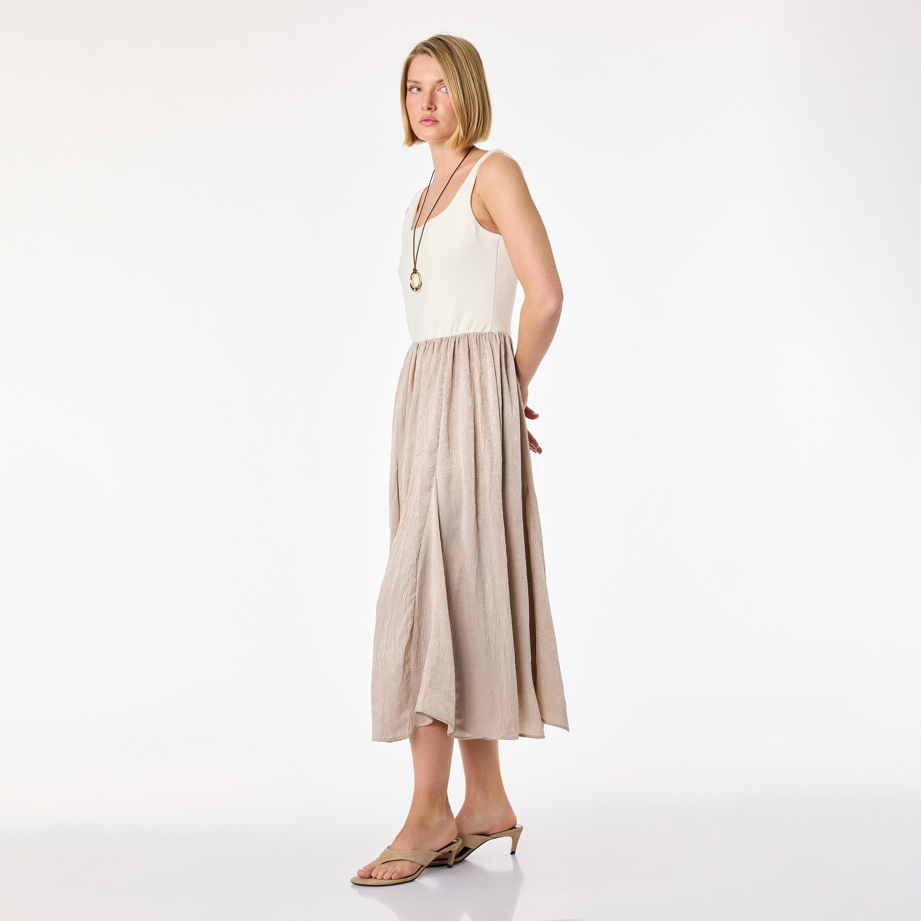 KOTON Beige Colour-Blocked Square Neck Fit & Flared Women's Midi Dress-women-clothing-dresses-image-2