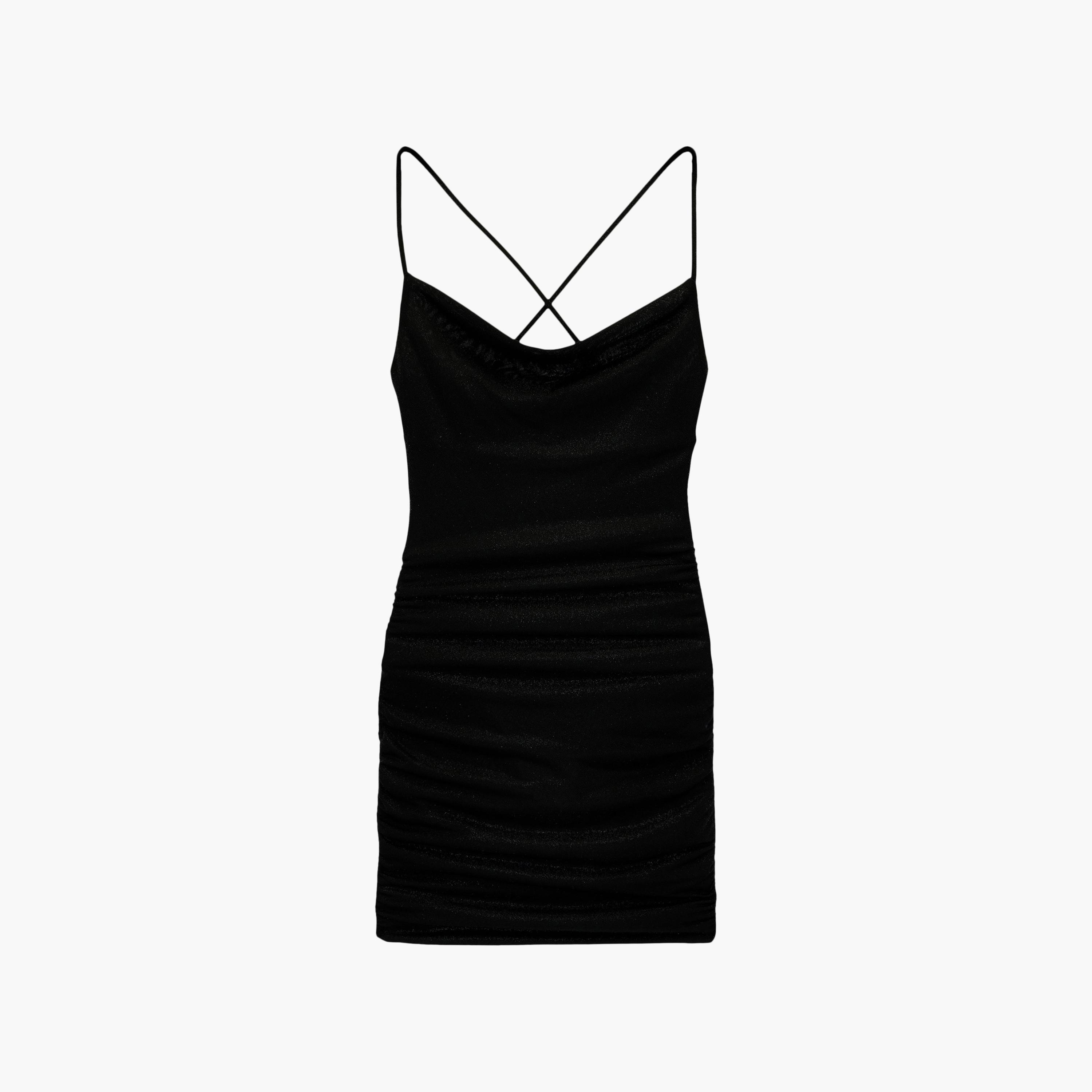 فستان ميني نسائي "بودي كون" بياقة "كاول نيك" منسدلة بلون أسود من كوتون-women-clothing-dresses-image-3