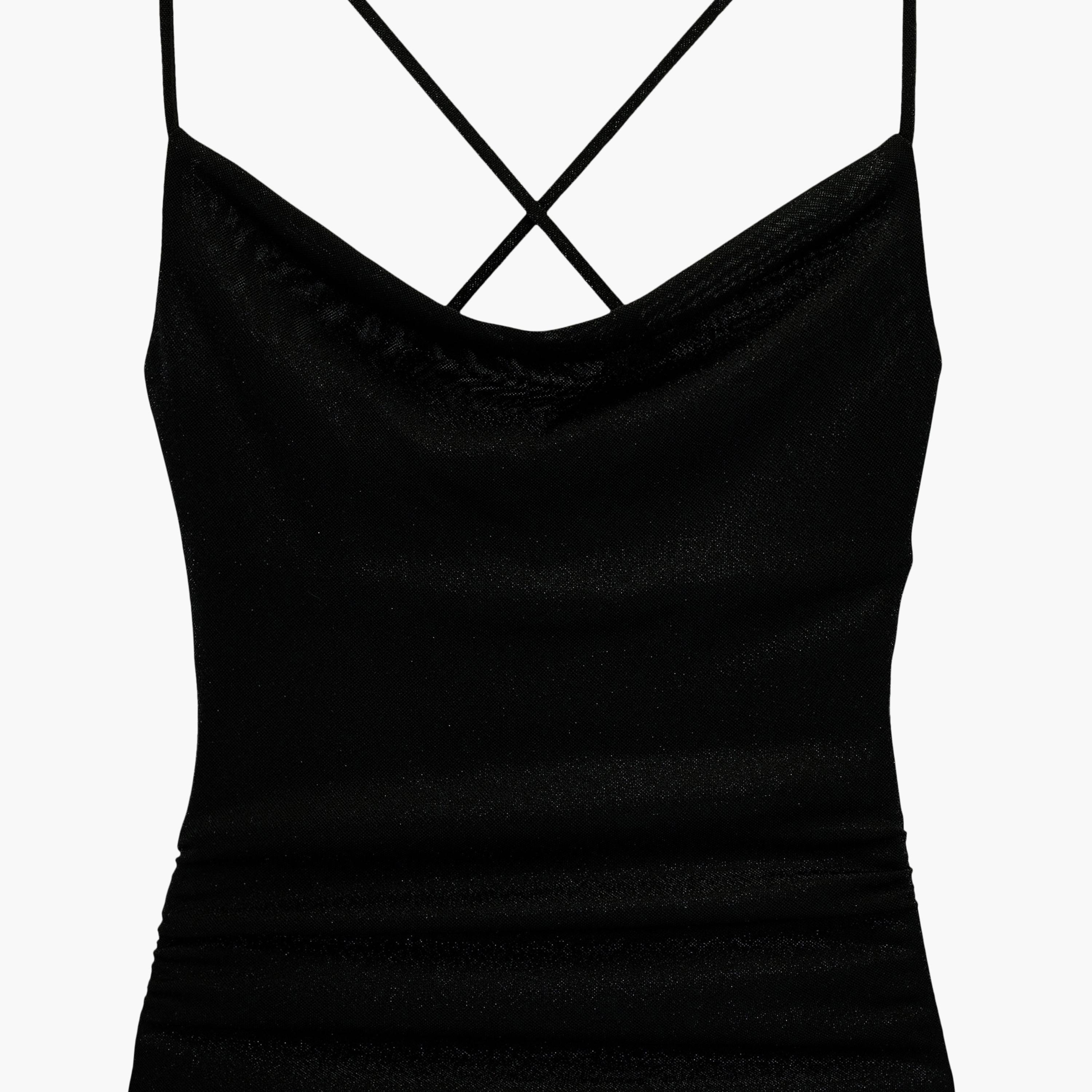 فستان ميني نسائي "بودي كون" بياقة "كاول نيك" منسدلة بلون أسود من كوتون-women-clothing-dresses-image-5