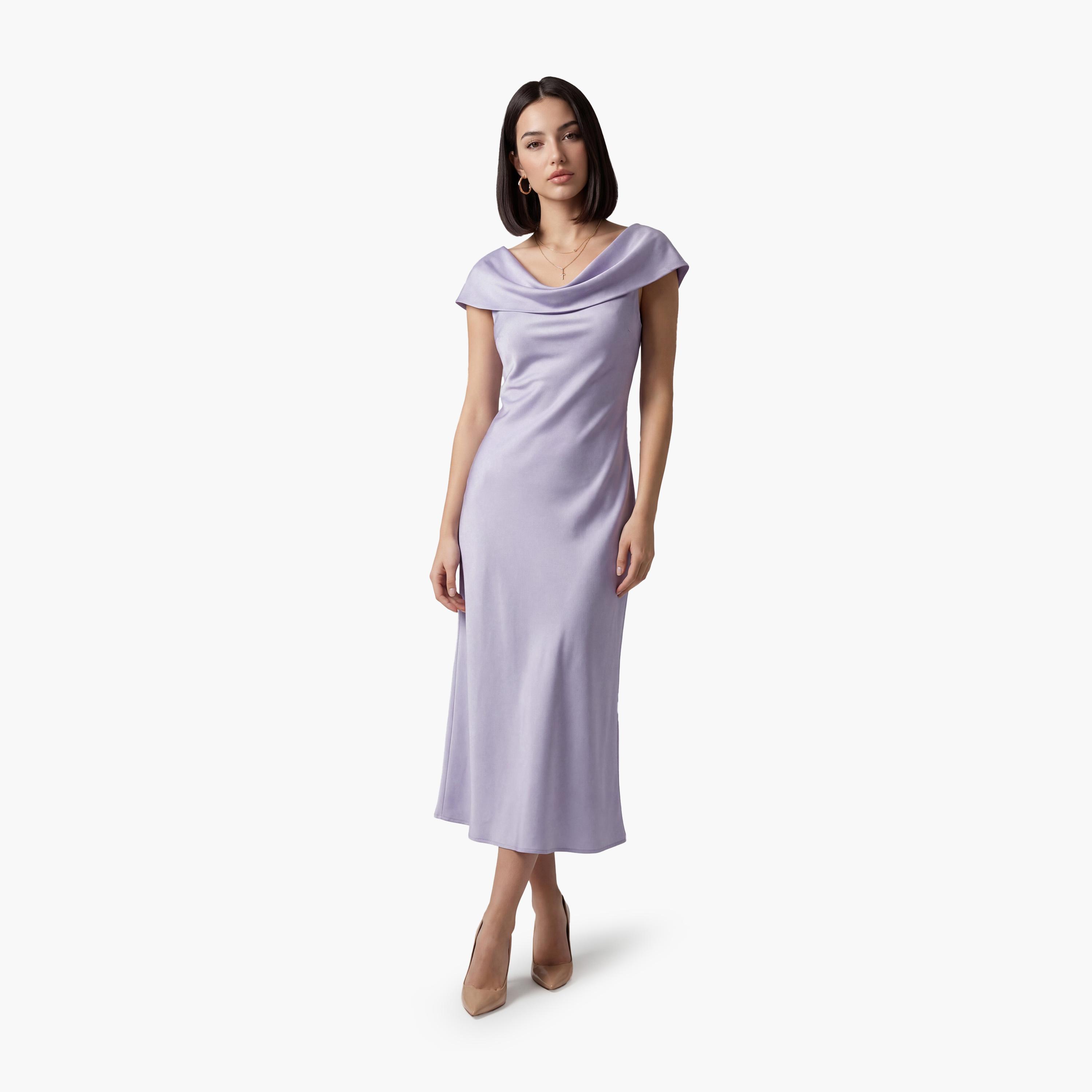 فستان ماكسي نسائي بياقة "كاول نيك" وأكمام "كاب" قصيرة بلون لافندر من كوتون-women-clothing-dresses-image-1