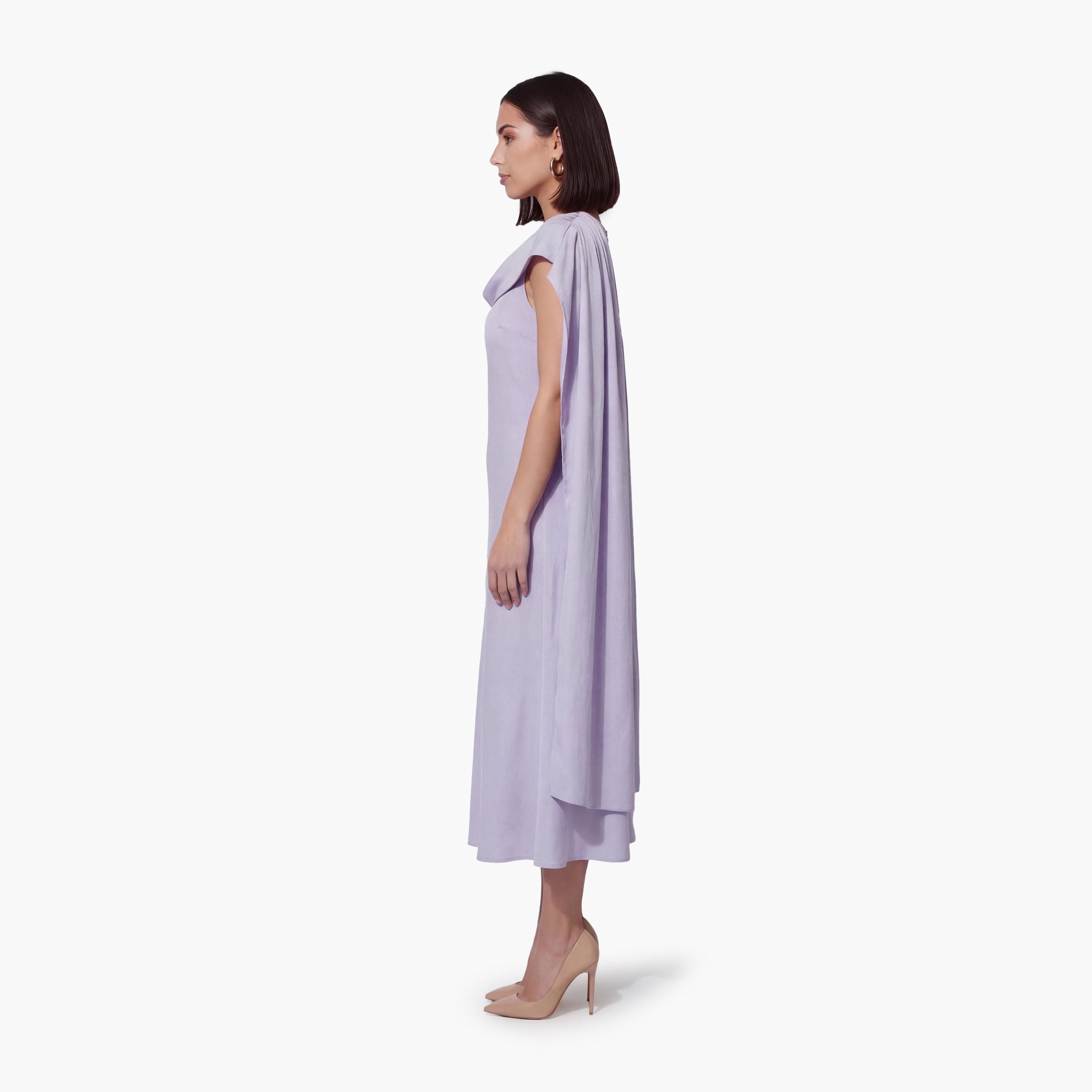فستان ماكسي نسائي بياقة "كاول نيك" وأكمام "كاب" قصيرة بلون لافندر من كوتون-women-clothing-dresses-image-2