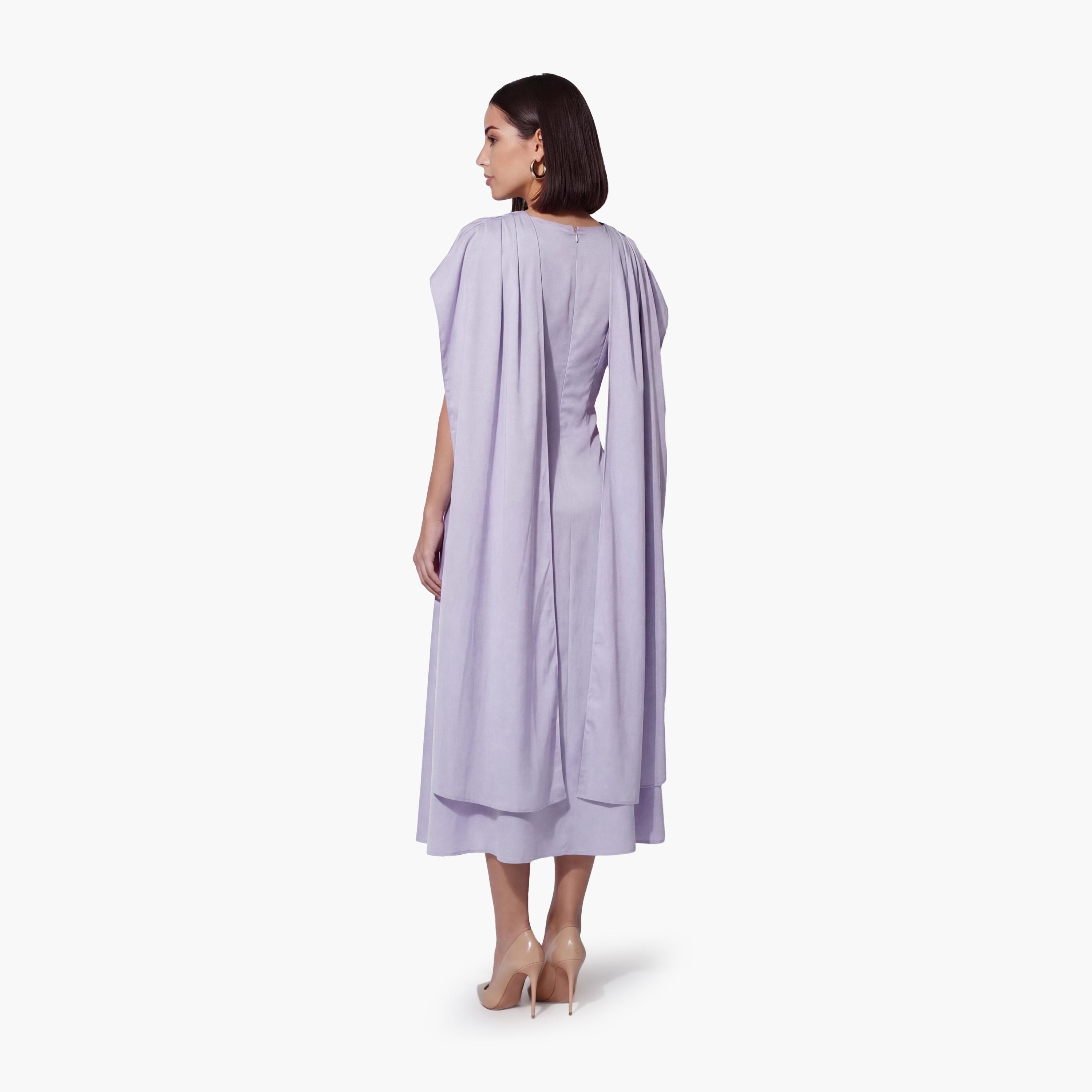 فستان ماكسي نسائي بياقة "كاول نيك" وأكمام "كاب" قصيرة بلون لافندر من كوتون-women-clothing-dresses-image-3