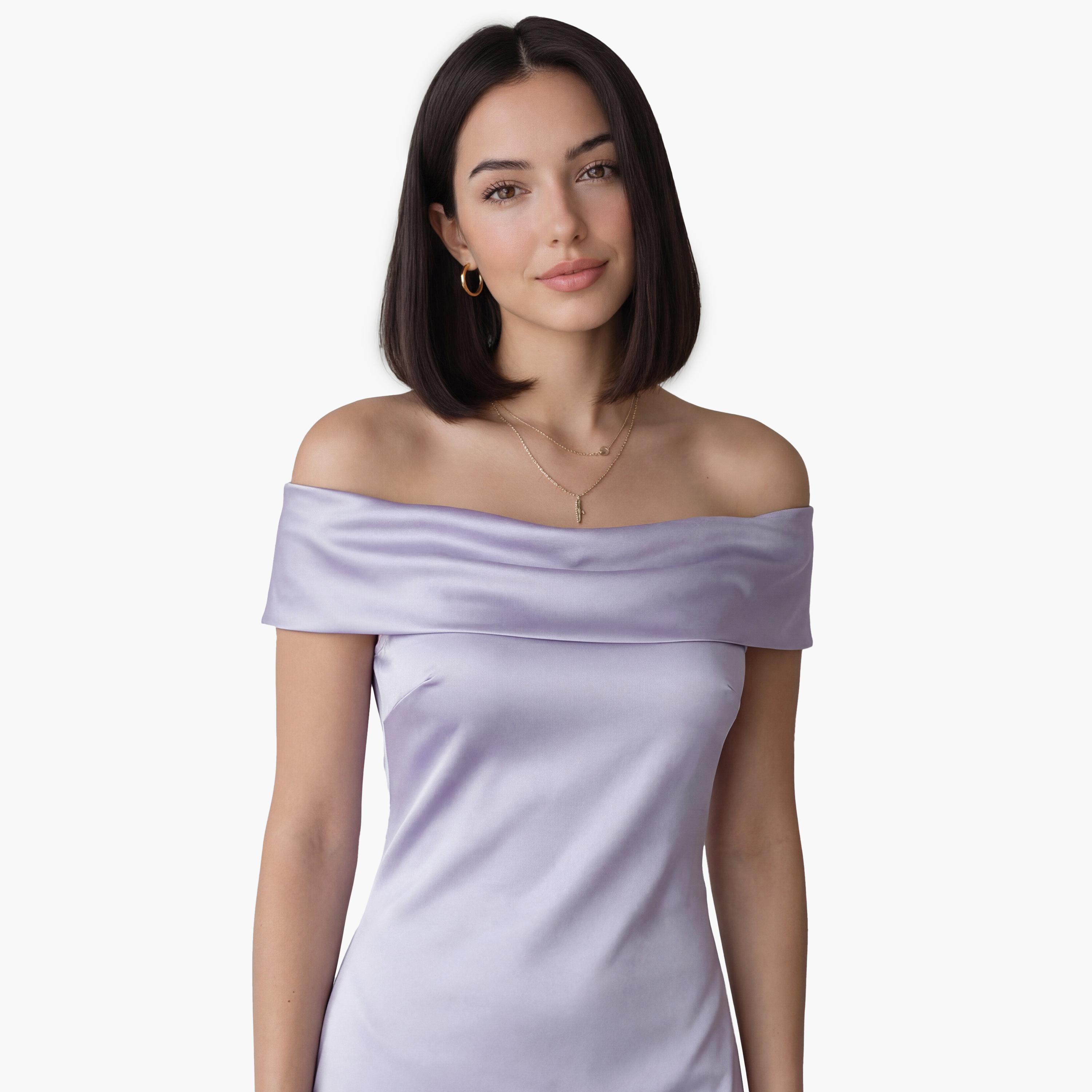 فستان ماكسي نسائي بياقة "كاول نيك" وأكمام "كاب" قصيرة بلون لافندر من كوتون-women-clothing-dresses-image-4
