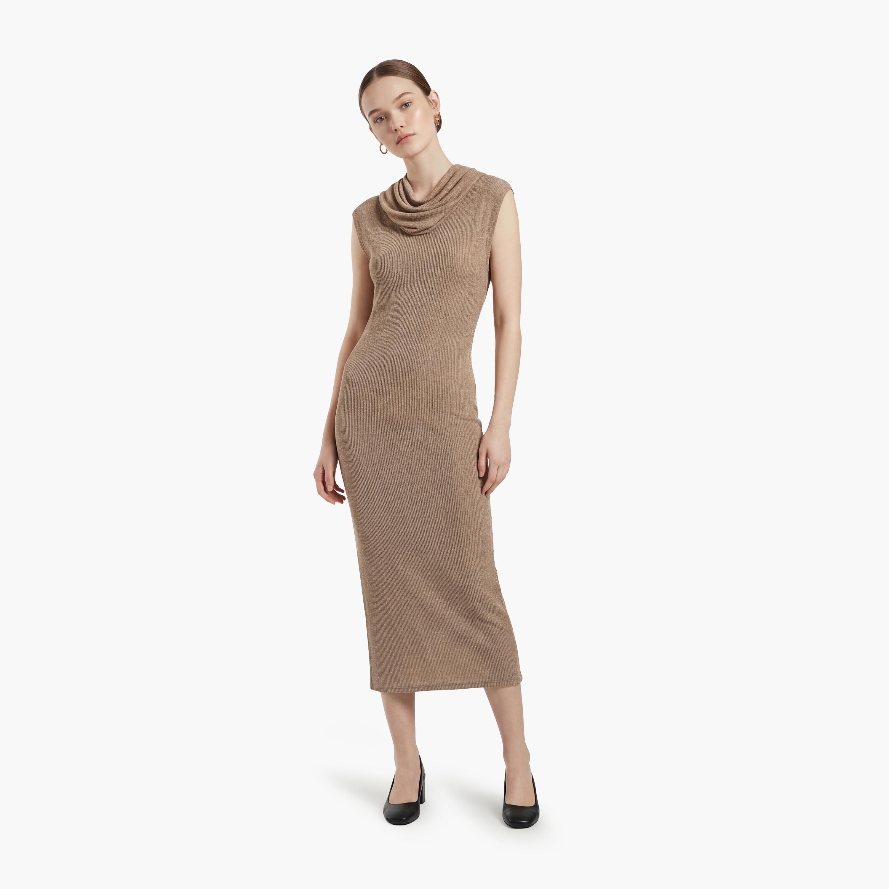 KOTON Beige Hotfix Stone Cowl Neck Sheath Women's Midi Dress-women-clothing-dresses-image-1