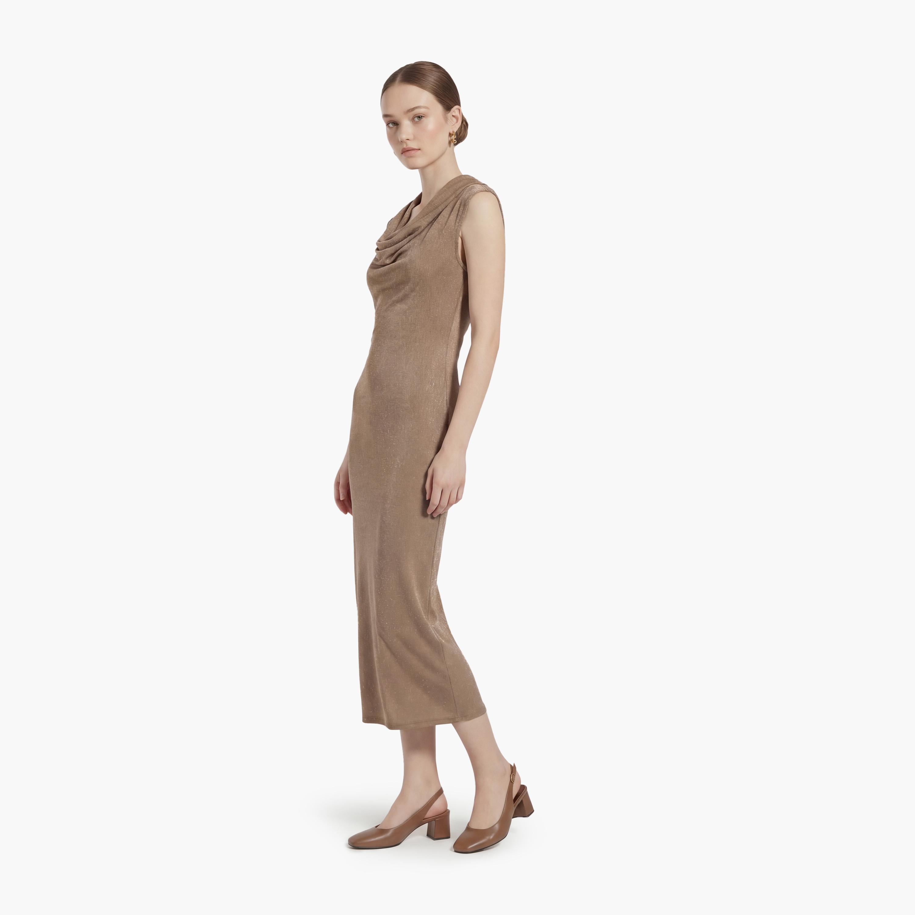 KOTON Beige Hotfix Stone Cowl Neck Sheath Women's Midi Dress-women-clothing-dresses-image-2