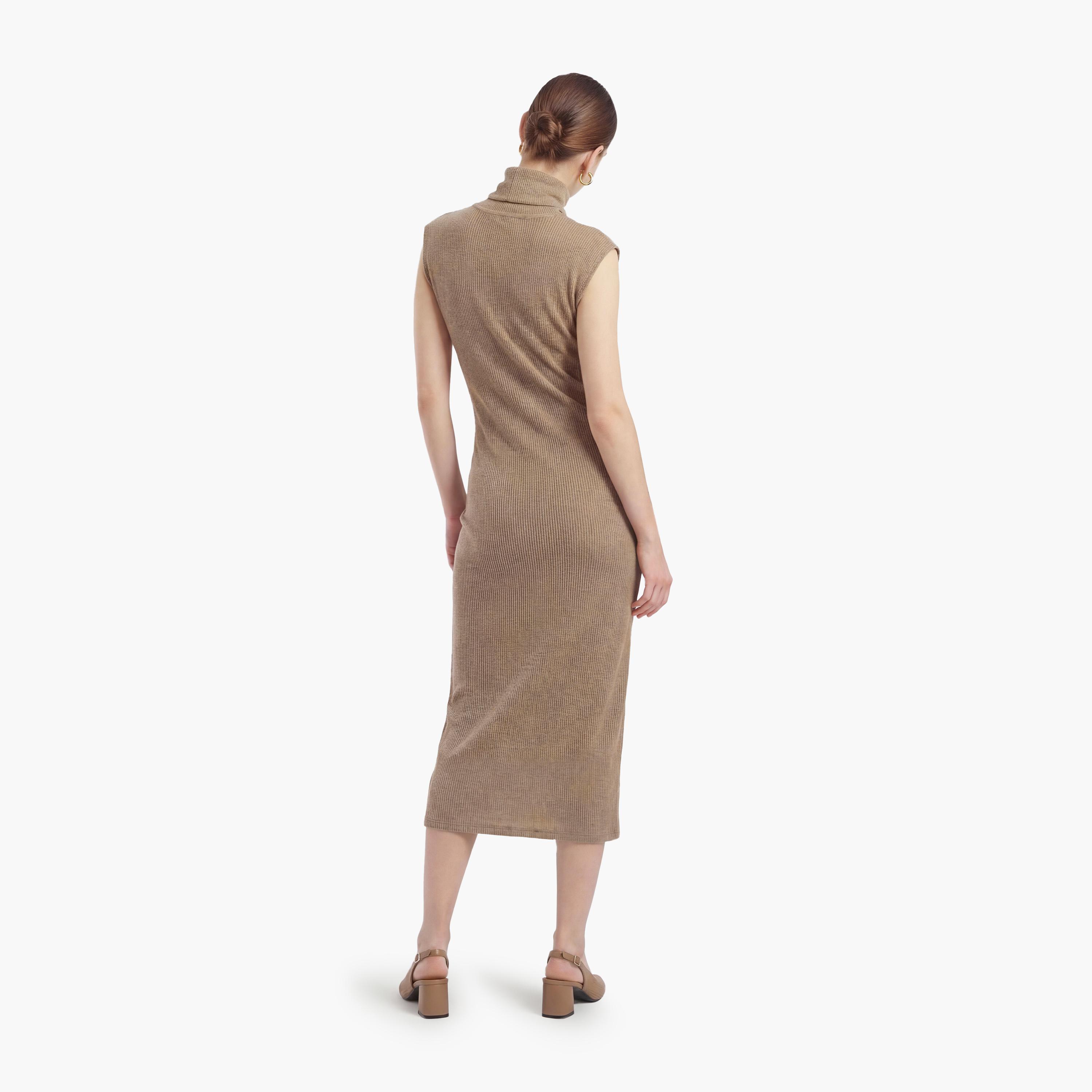 KOTON Beige Hotfix Stone Cowl Neck Sheath Women's Midi Dress-women-clothing-dresses-image-3