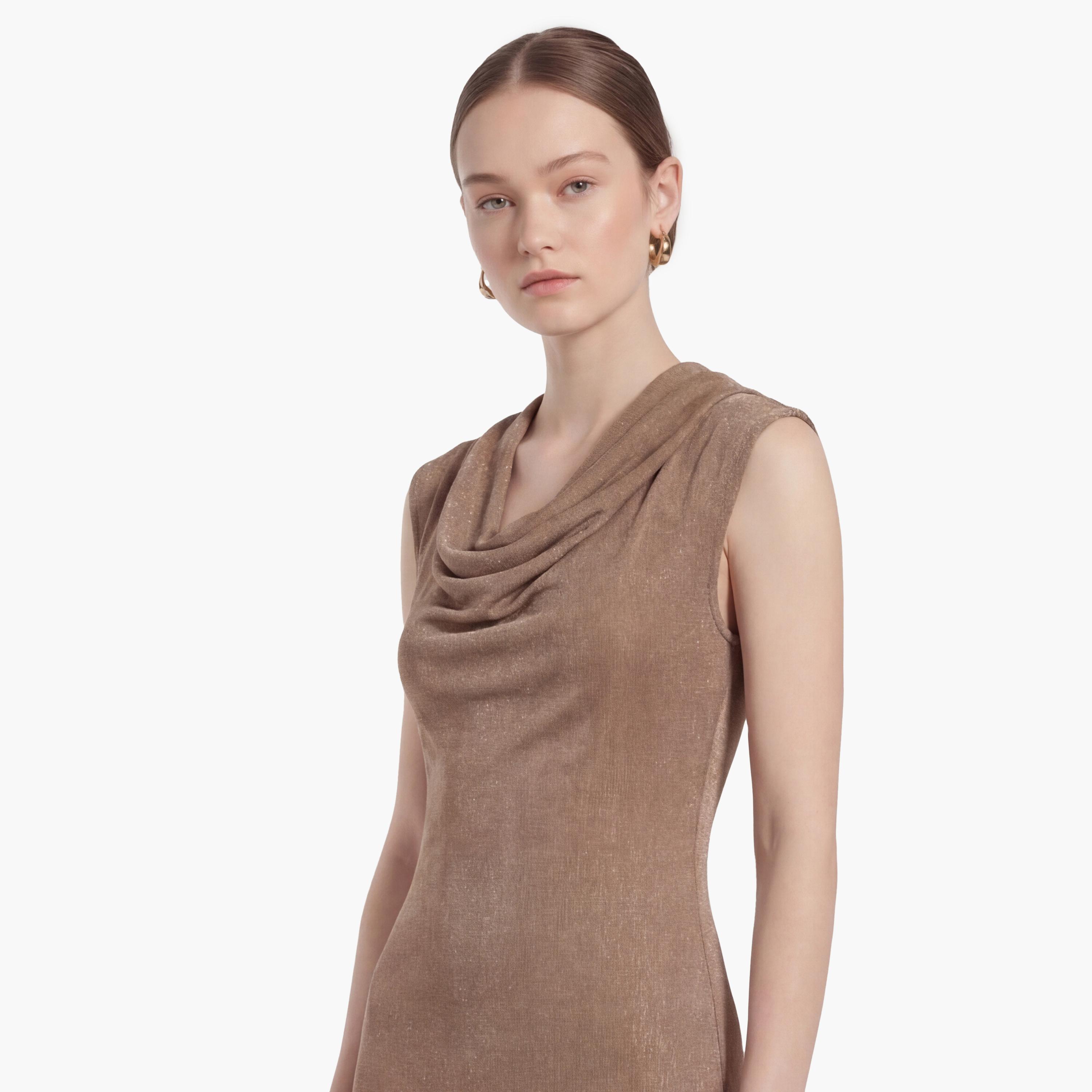 KOTON Beige Hotfix Stone Cowl Neck Sheath Women's Midi Dress-women-clothing-dresses-image-4