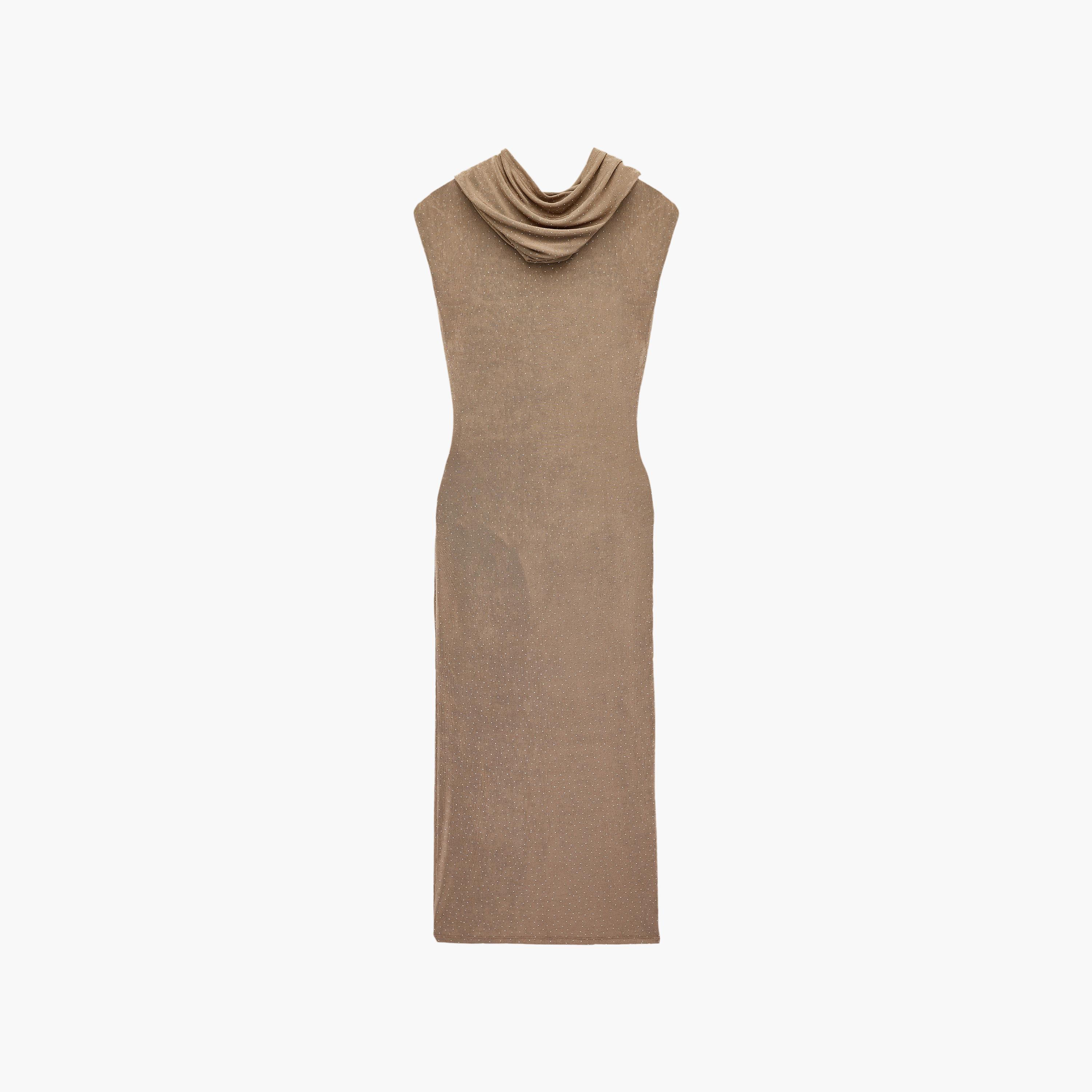 KOTON Beige Hotfix Stone Cowl Neck Sheath Women's Midi Dress-women-clothing-dresses-image-5