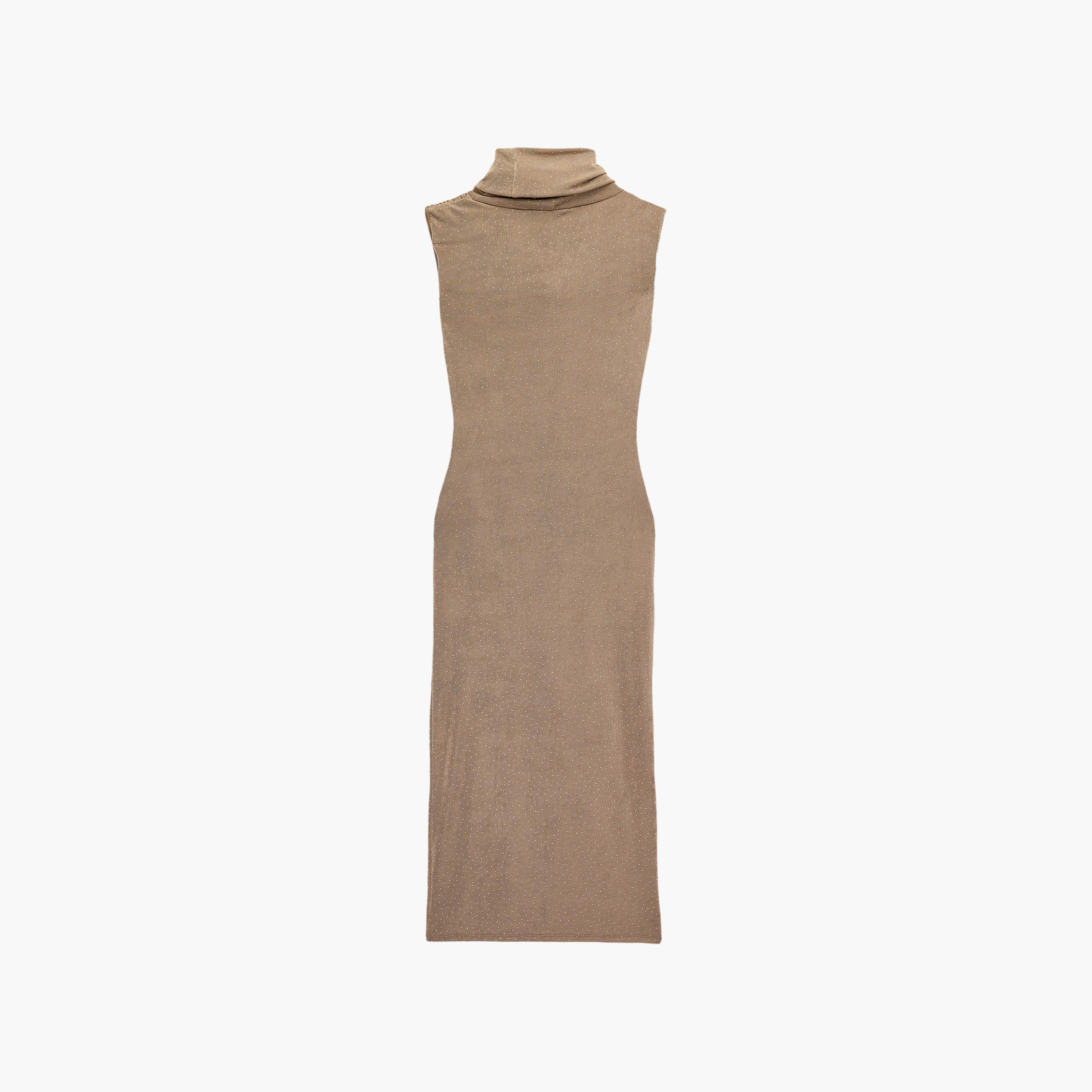 KOTON Beige Hotfix Stone Cowl Neck Sheath Women's Midi Dress-women-clothing-dresses-image-6