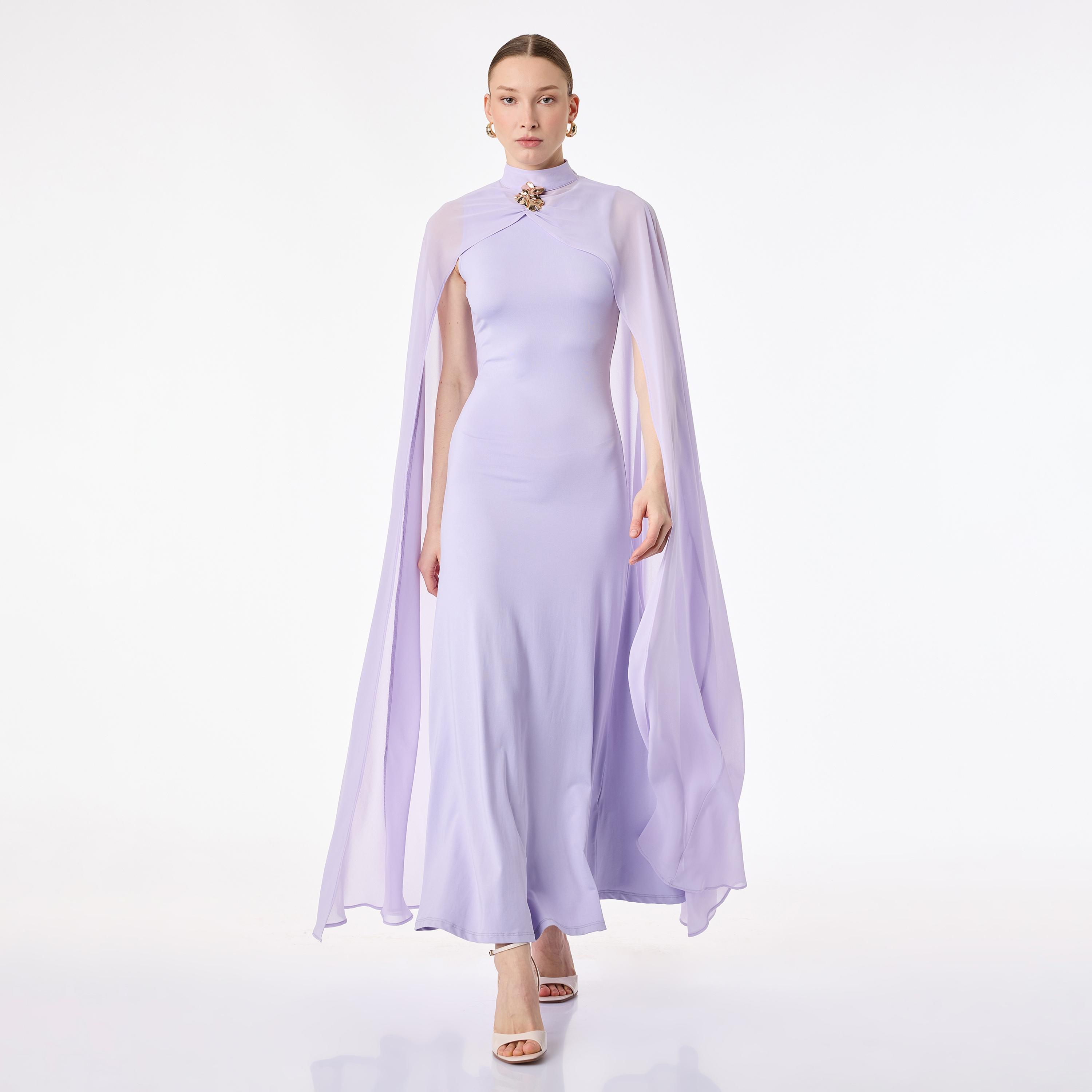 فستان سهرة ماكسي نسائي بلون لافندر وياقة عالية وأكمام كاب من كوتون-women-clothing-dresses-image-1