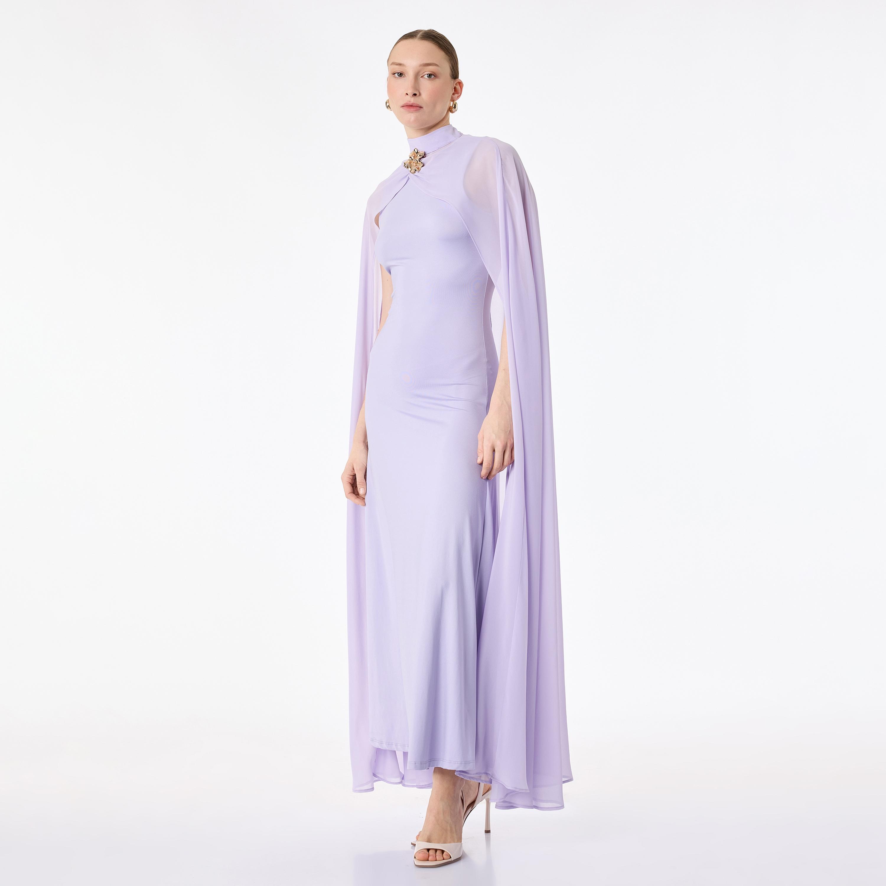 فستان سهرة ماكسي نسائي بلون لافندر وياقة عالية وأكمام كاب من كوتون-women-clothing-dresses-image-2
