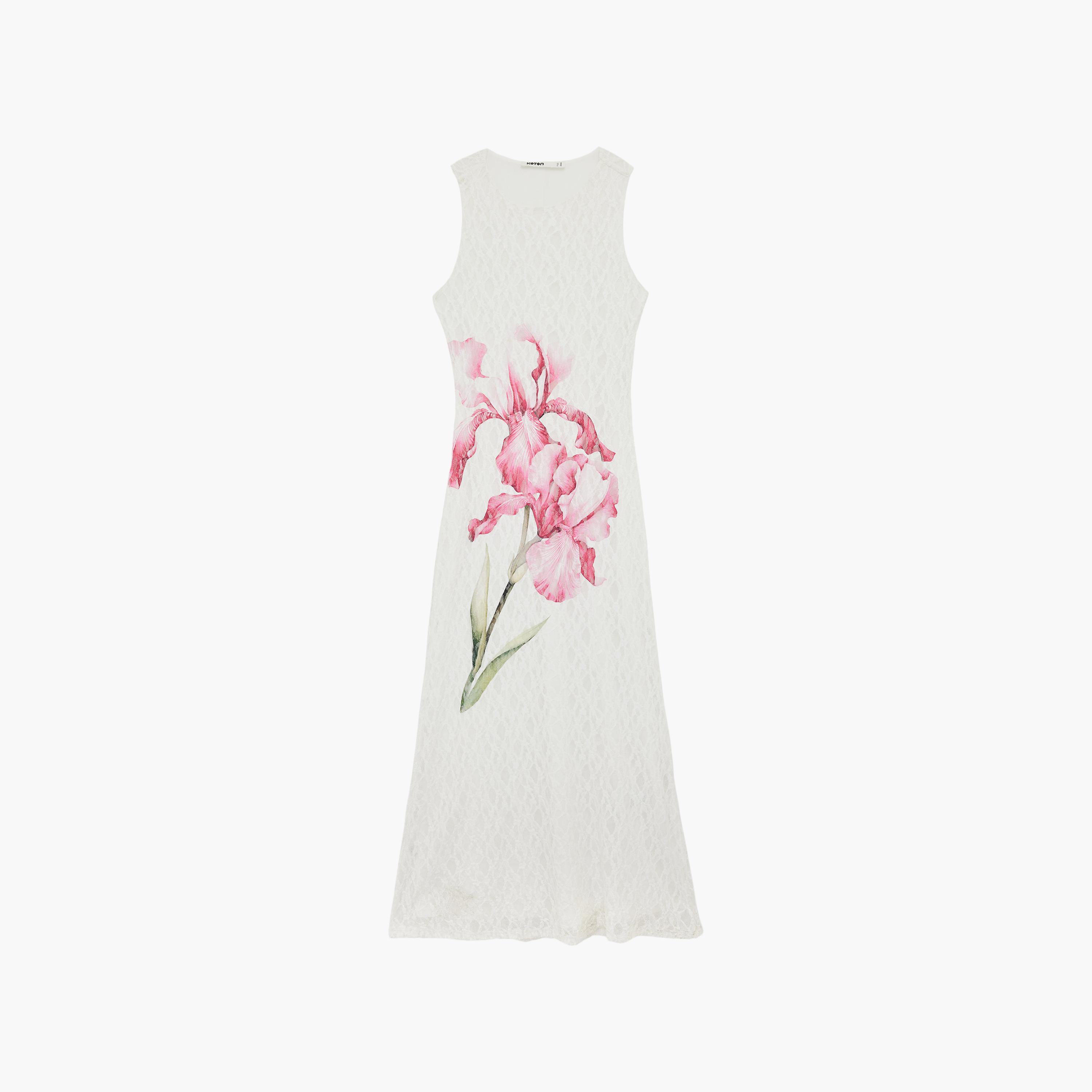 فستان ميدي نسائي بتفاصيل دانتيل وطبعة "فلورال" زهور بلون أبيض من كوتون-women-clothing-dresses-image-3