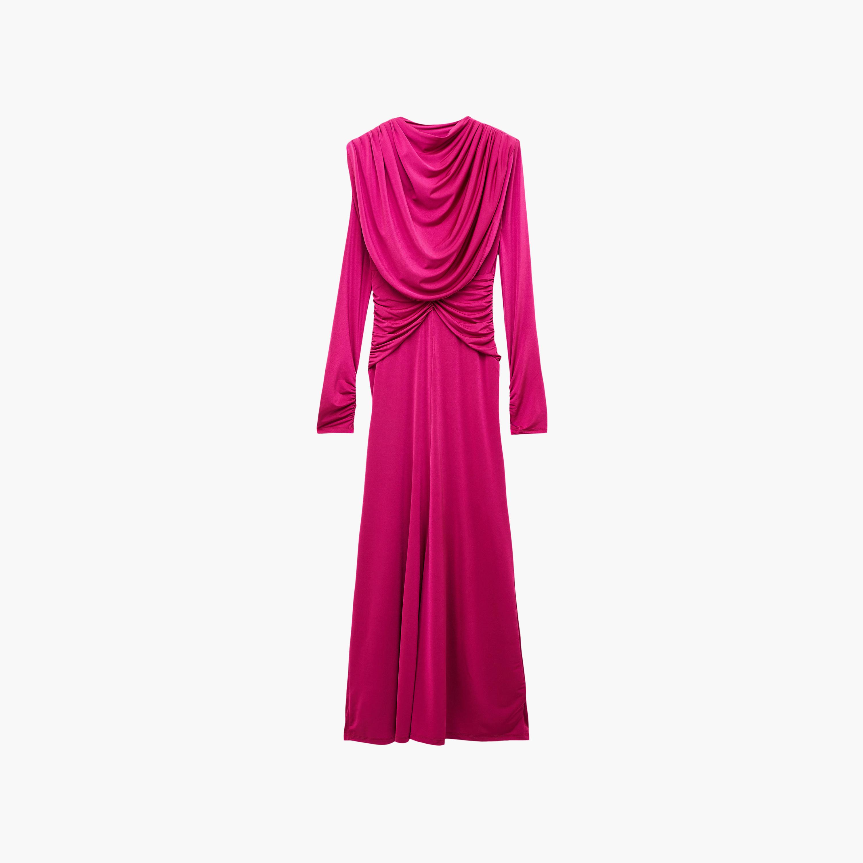 فستان ماكسي نسائي بياقة "كاول نيك" وتصميم درابيه "درابيد" بلون وردي من كوتون-women-clothing-dresses-image-3