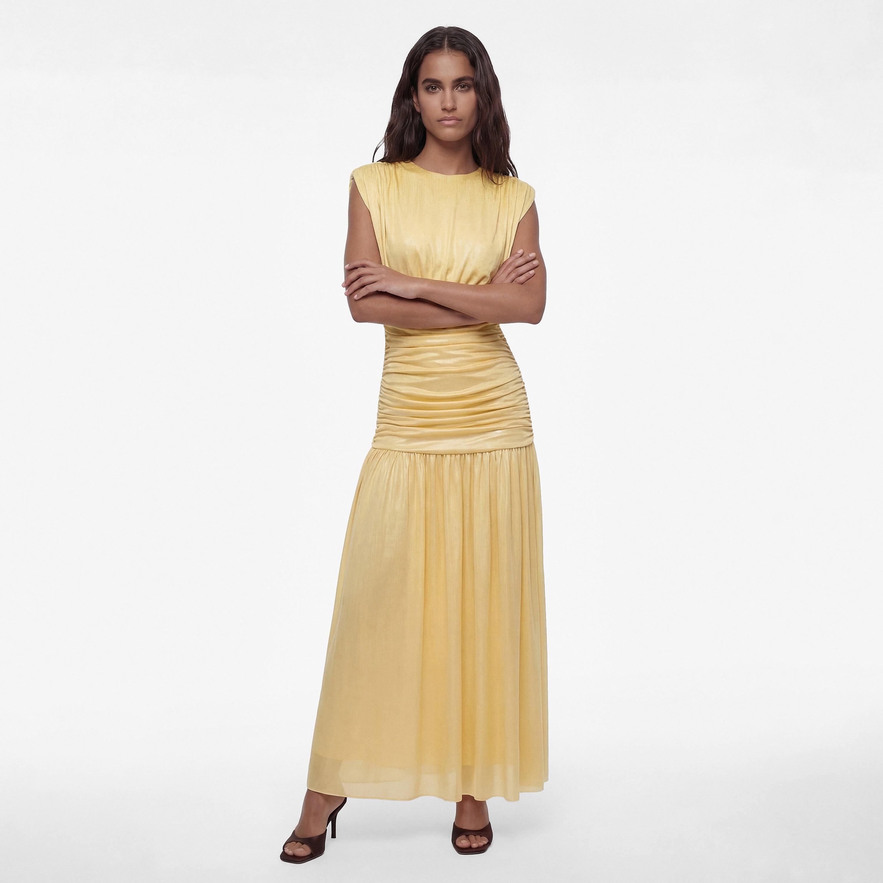 فستان ماكسي نسائي بخصر "دروب ويست" وتصميم "روشد" بزمزمة بلون أصفر من كوتون-women-clothing-dresses-image-1