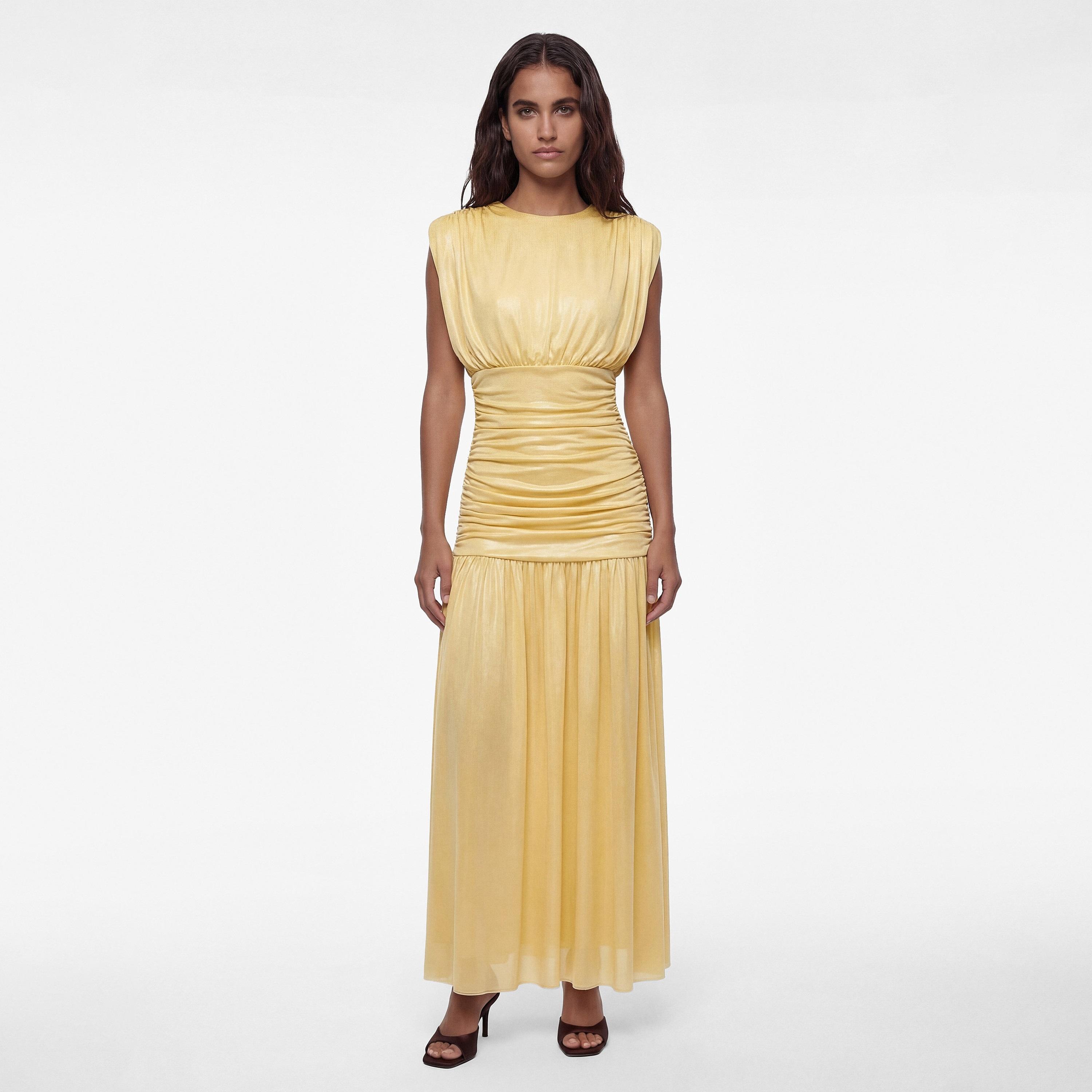 فستان ماكسي نسائي بخصر "دروب ويست" وتصميم "روشد" بزمزمة بلون أصفر من كوتون-women-clothing-dresses-image-2