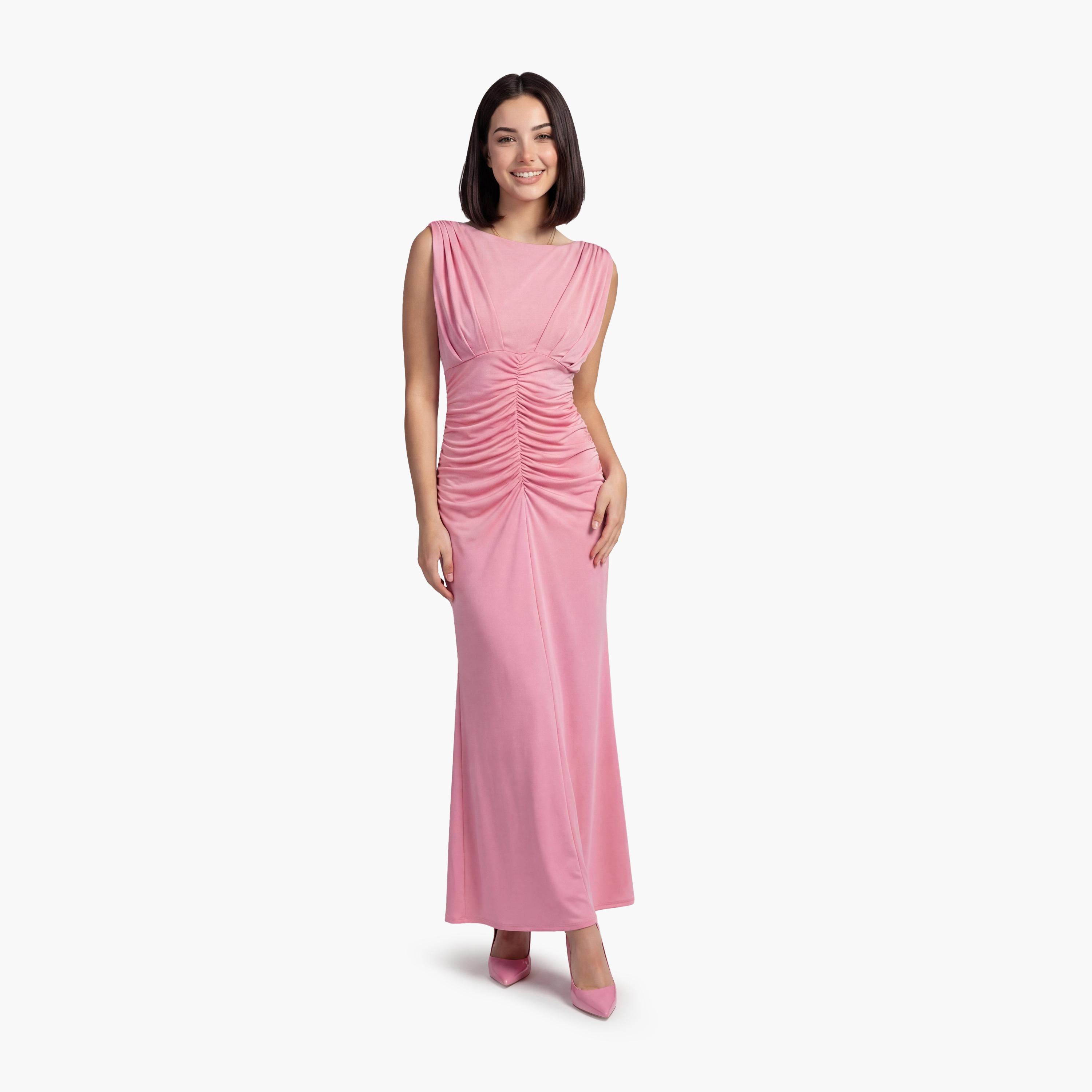 فستان ماكسي نسائي "شيث" بتصميم "روشد" بزمزمة بلون وردي من كوتون-women-clothing-dresses-image-1